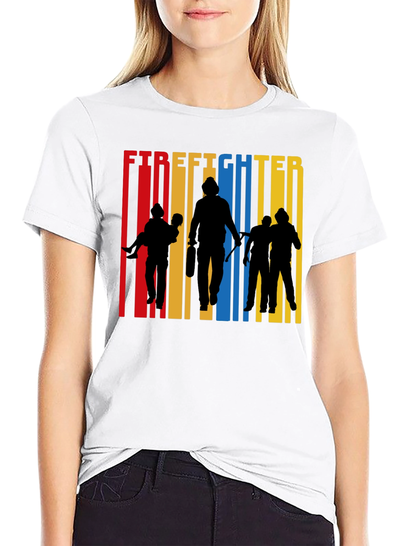 Black Firefighter Silhouette Graphic Tee - Crew Neck Cotton T-Shirt view 9