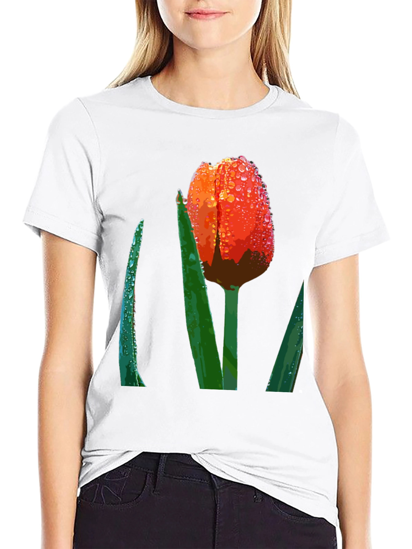 Black Tulip Dewdrop Graphic Tee - Unique Floral Design view 9