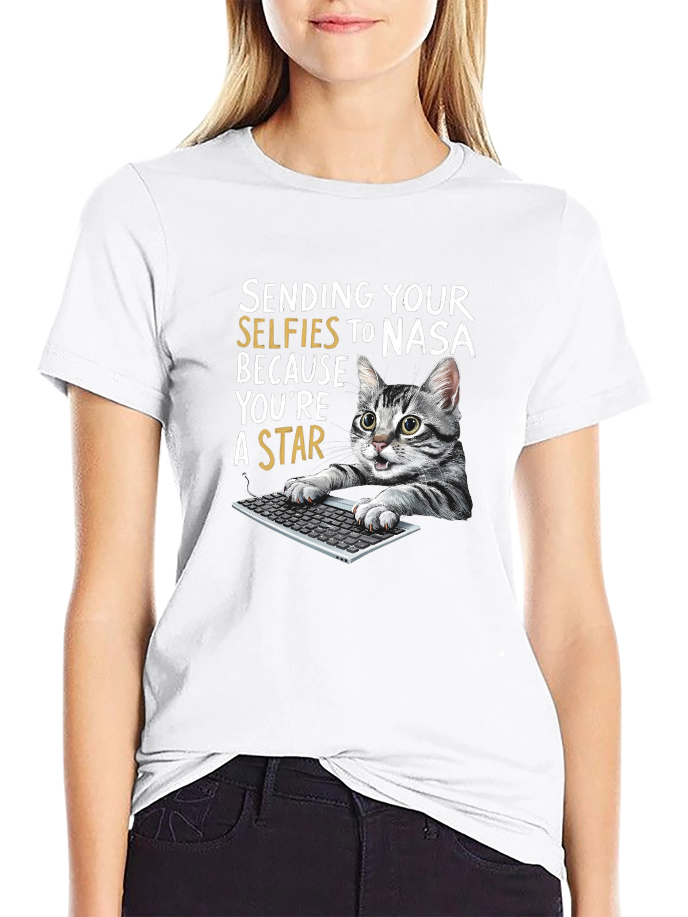 Black Funny Cat T-Shirt - Sending Selfies to NASA view 9