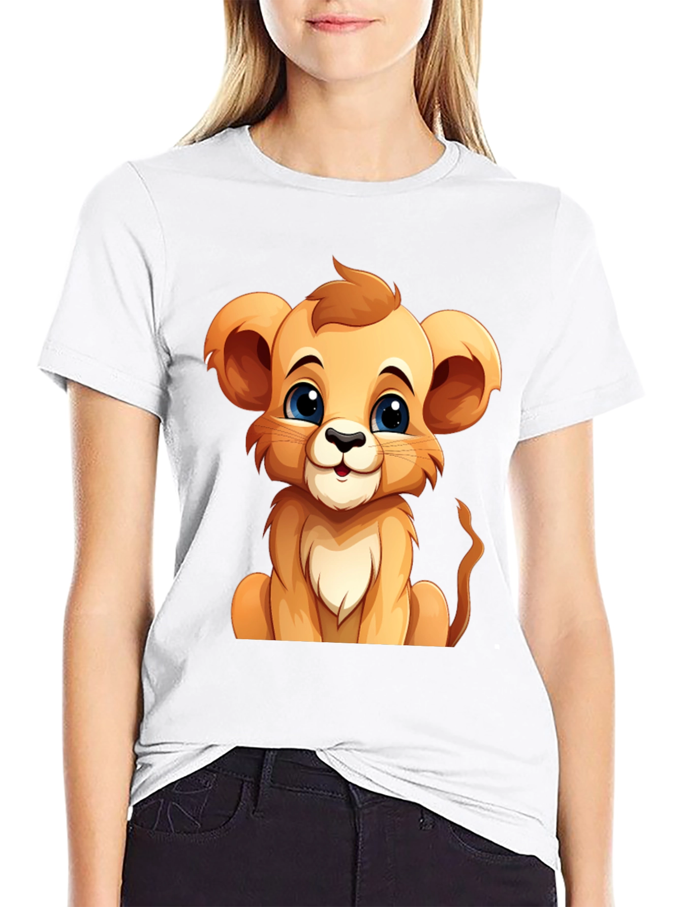 Black Cute Lion Cub Graphic Tee - Black Cotton T-Shirt view 9