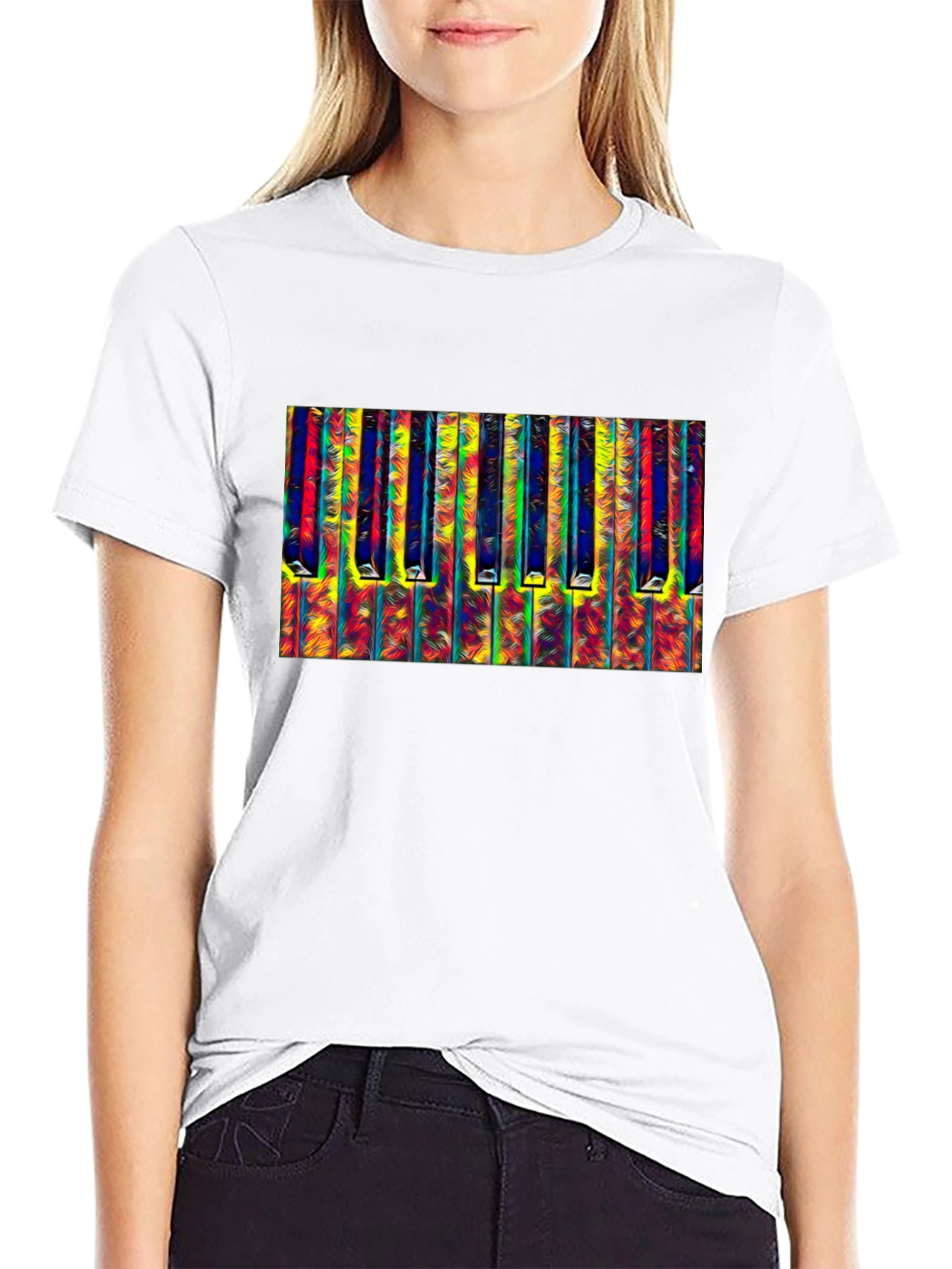 Black Abstract Piano Keys Graphic Tee - Black Cotton T-Shirt view 9