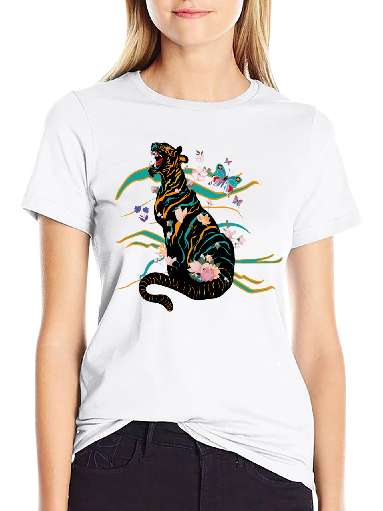 Black Tiger & Floral Graphic Print Tee - Black view 9