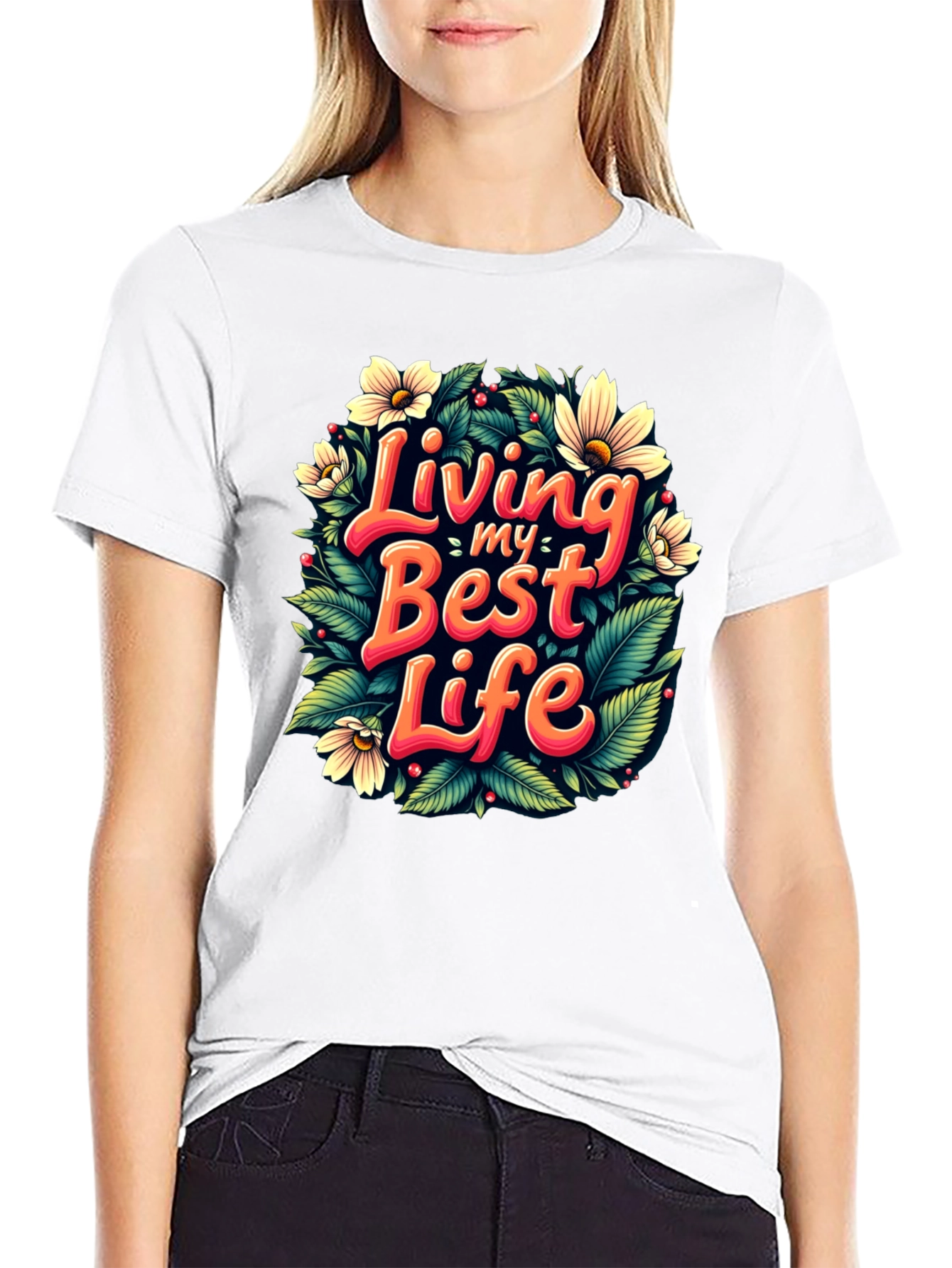 Black Living My Best Life T-Shirt - Floral Design view 9