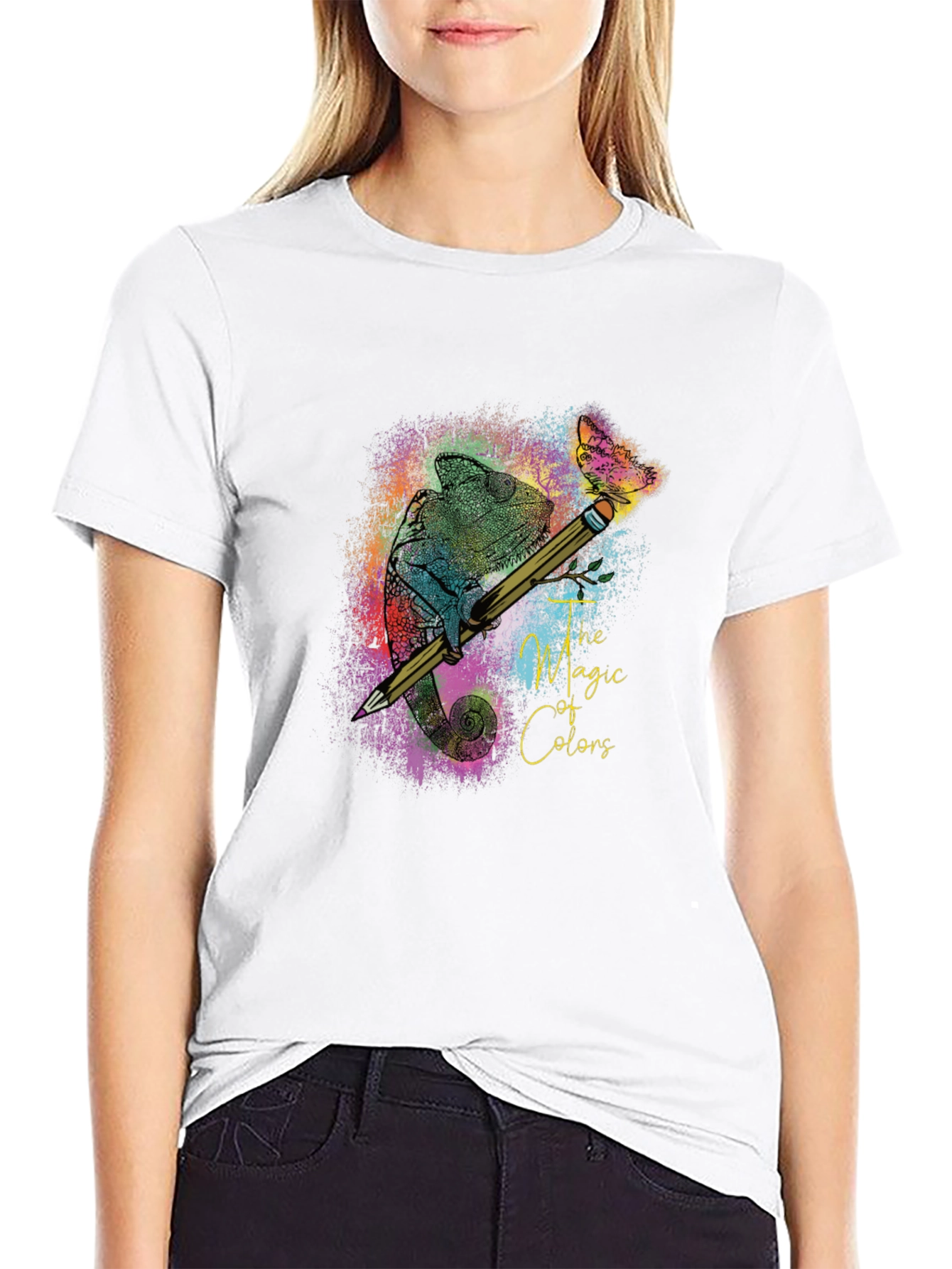 Black The Magic of Colors T-Shirt: Chameleon & Pencil Design view 9