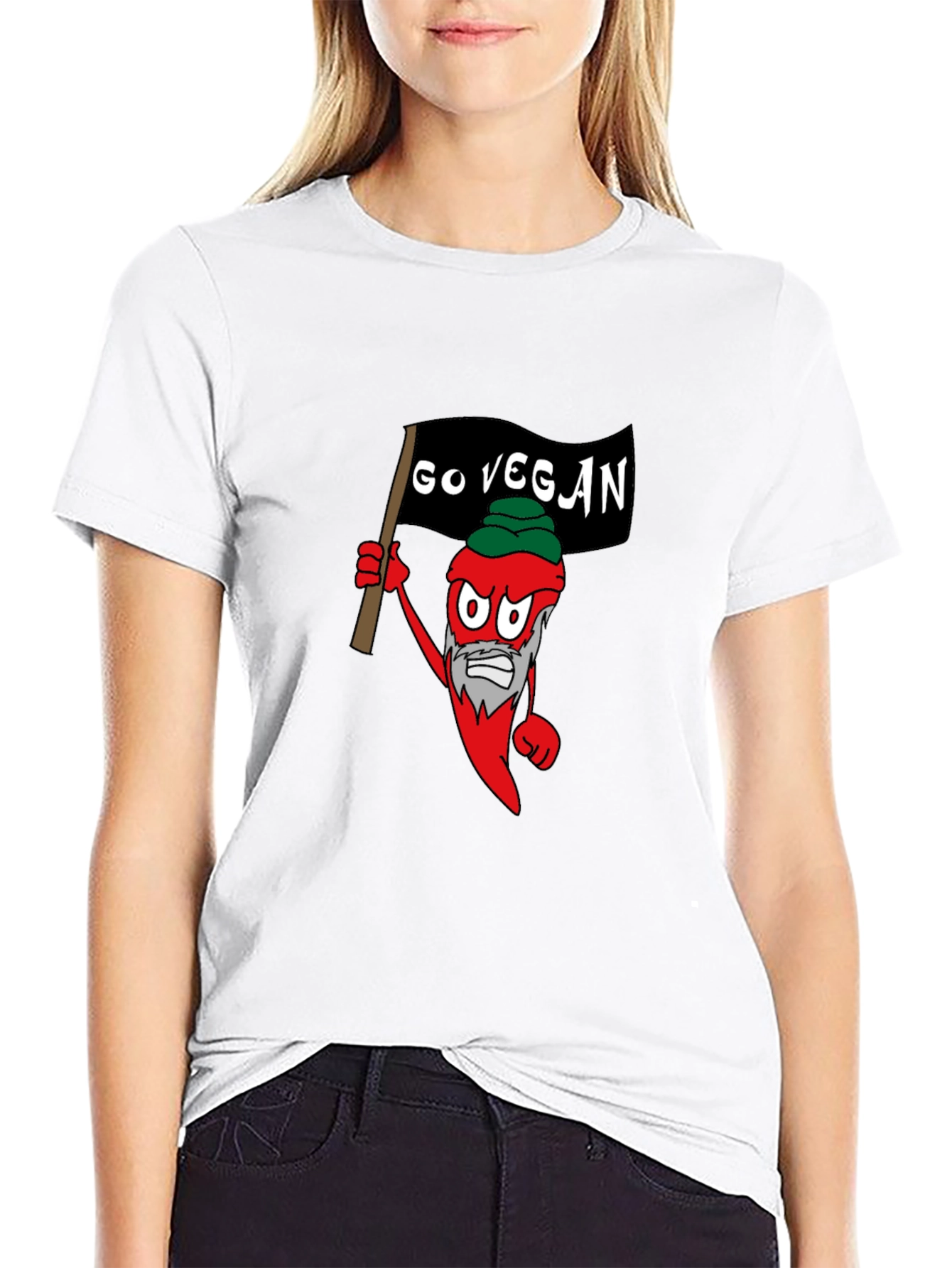 Black Go Vegan T-Shirt - Chili Pepper Cartoon Design view 9