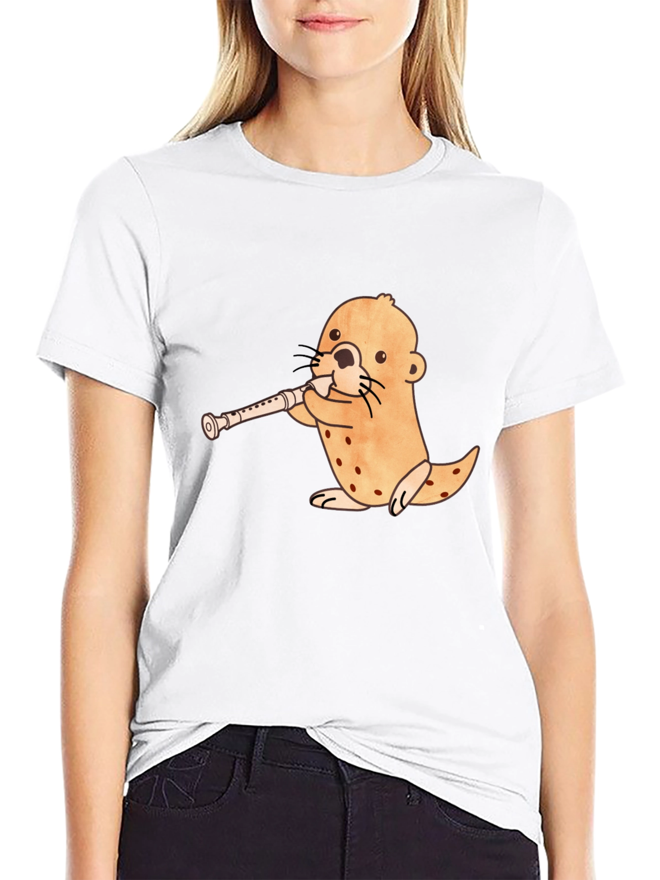 Black Funny Otter Playing Flute Black T-Shirt view 9