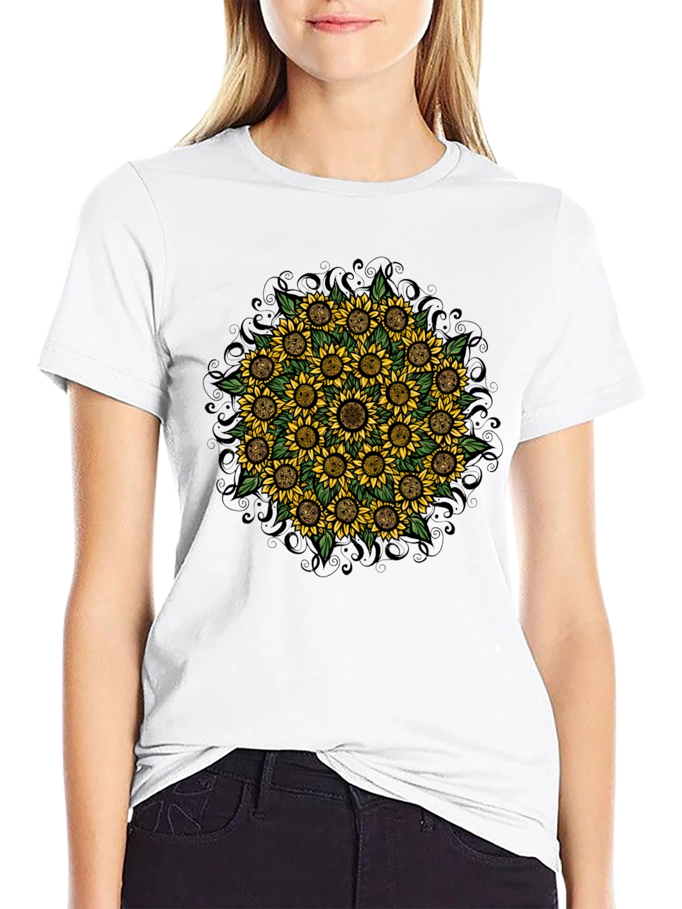 Black Sunflower Mandala Graphic T-Shirt view 9