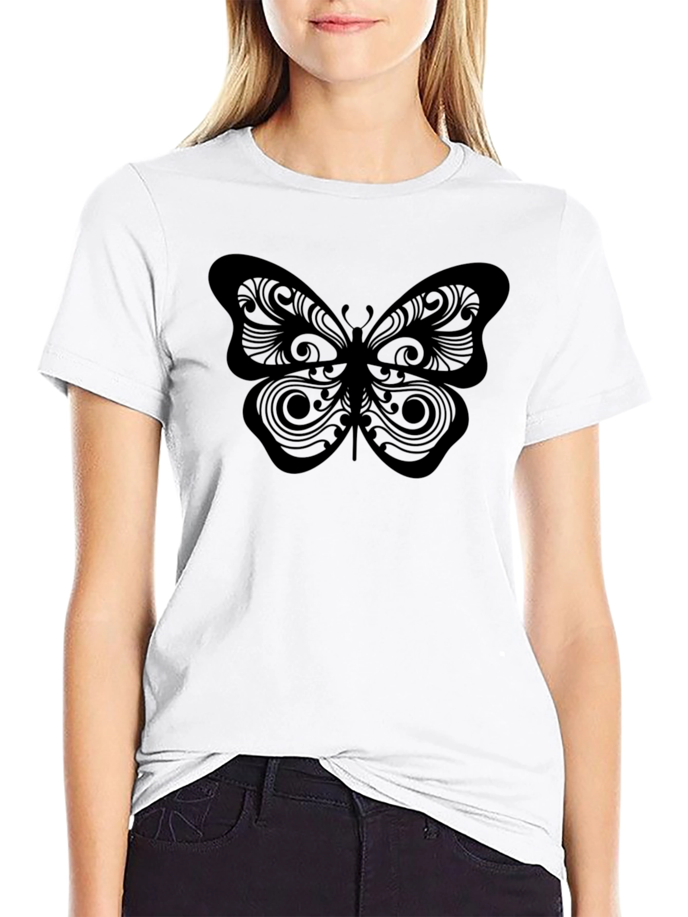 Black Butterfly Print Black T-Shirt view 9