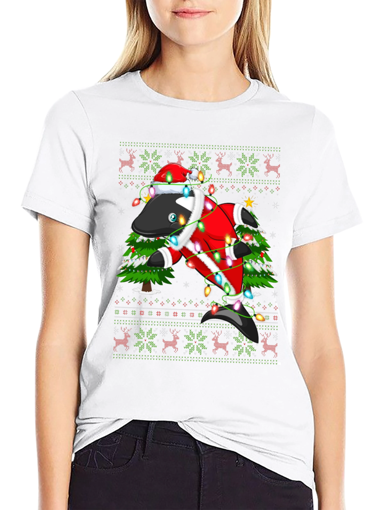 Black Festive Orca Ugly Christmas T-Shirt view 9