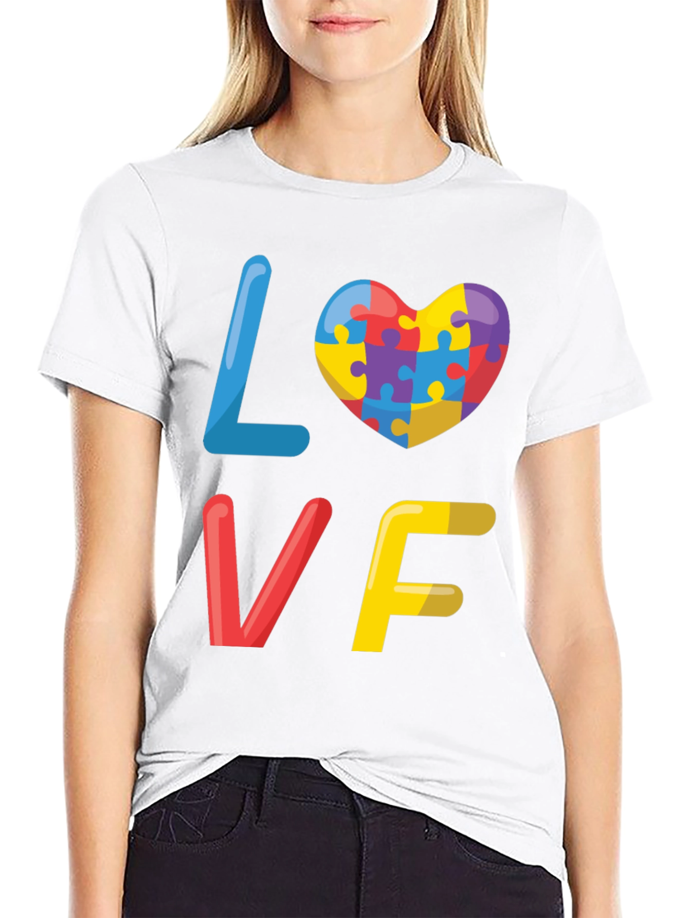 Black Autism Awareness Love Puzzle Heart Graphic Tee view 9