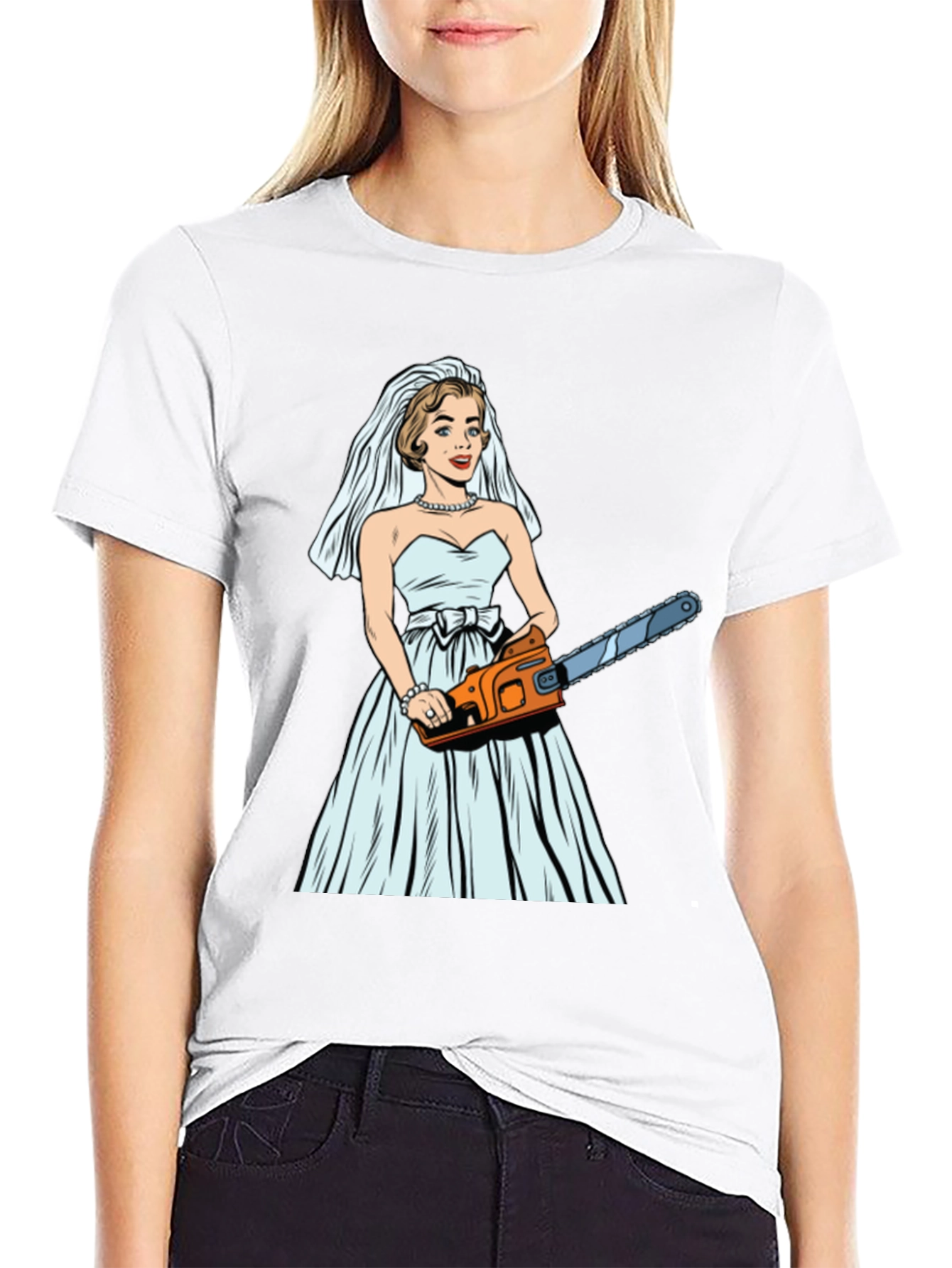Black Bride with Chainsaw Graphic T-Shirt view 9