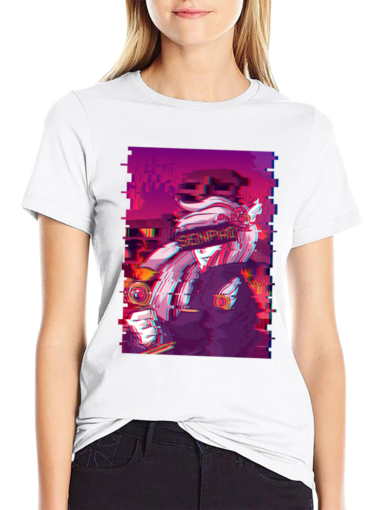 Black Anime Glitch Aesthetic Graphic Tee - Black view 9