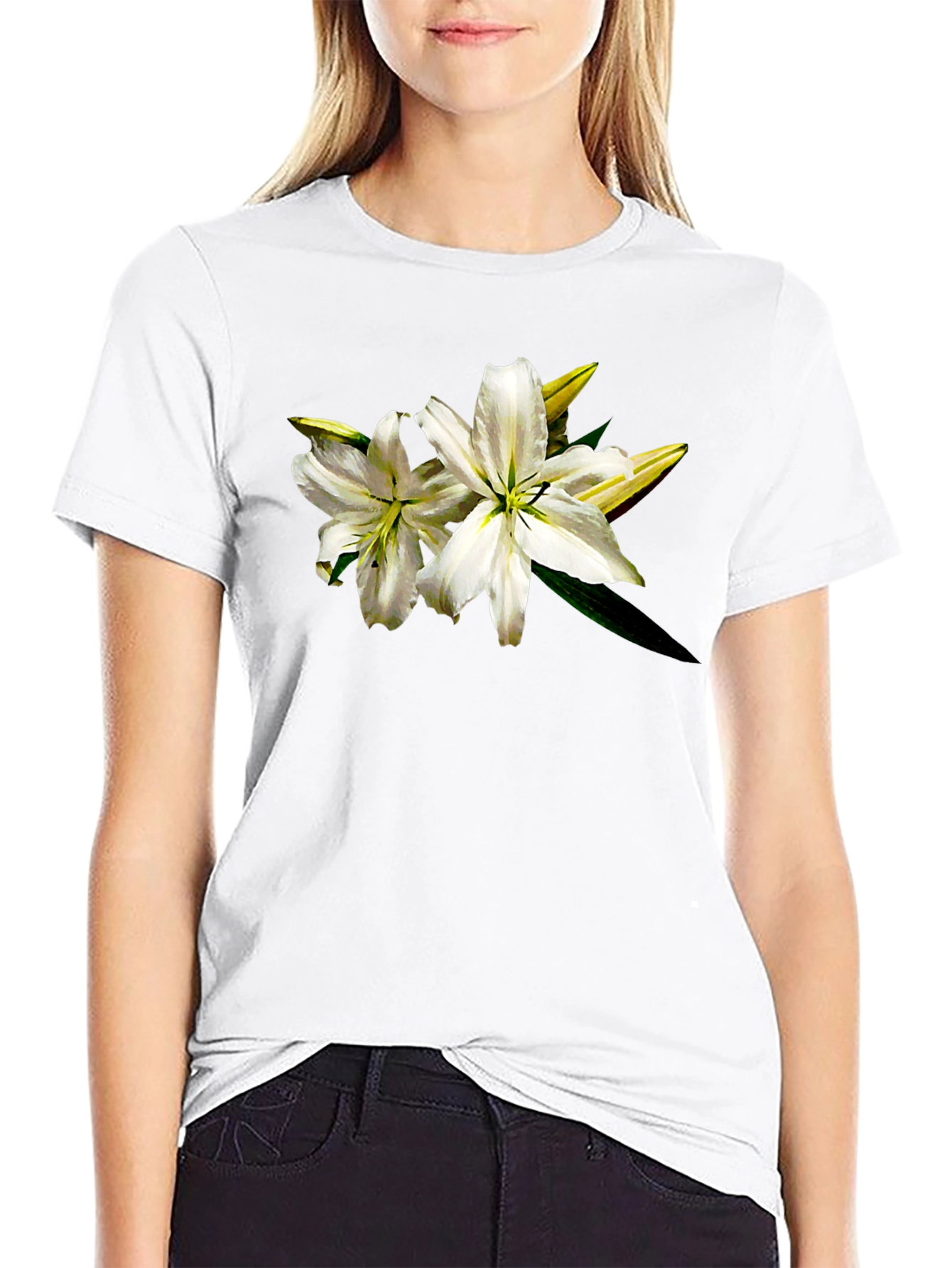 Black White Lily Graphic Tee - Black Cotton T-Shirt view 9