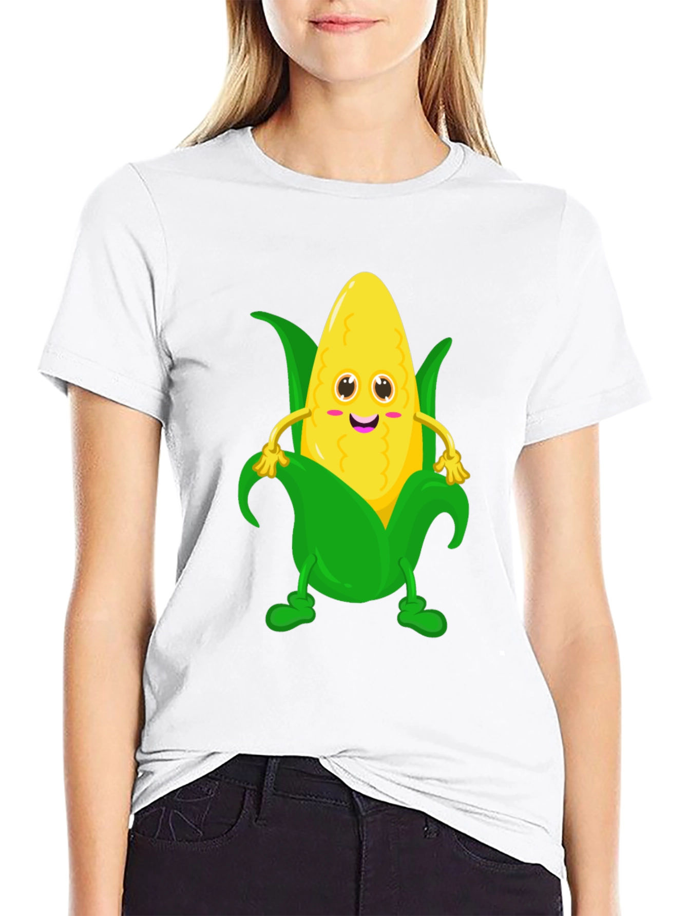 Black Funny Corn Cartoon Graphic Tee - Black Cotton T-Shirt view 9