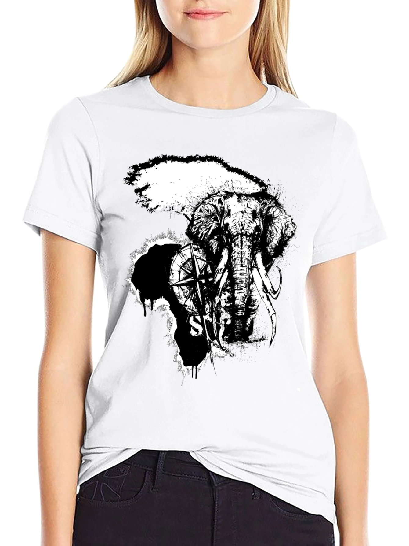 Black Elephant Compass Graphic Black T-Shirt view 9