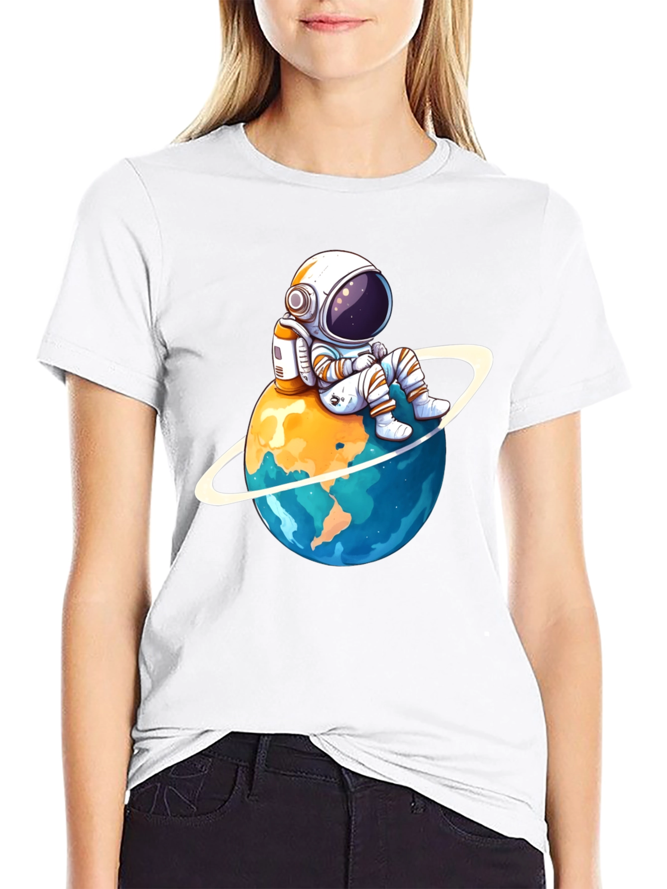 Black Astronaut on Planet T-Shirt - Black Cotton Graphic Tee view 9