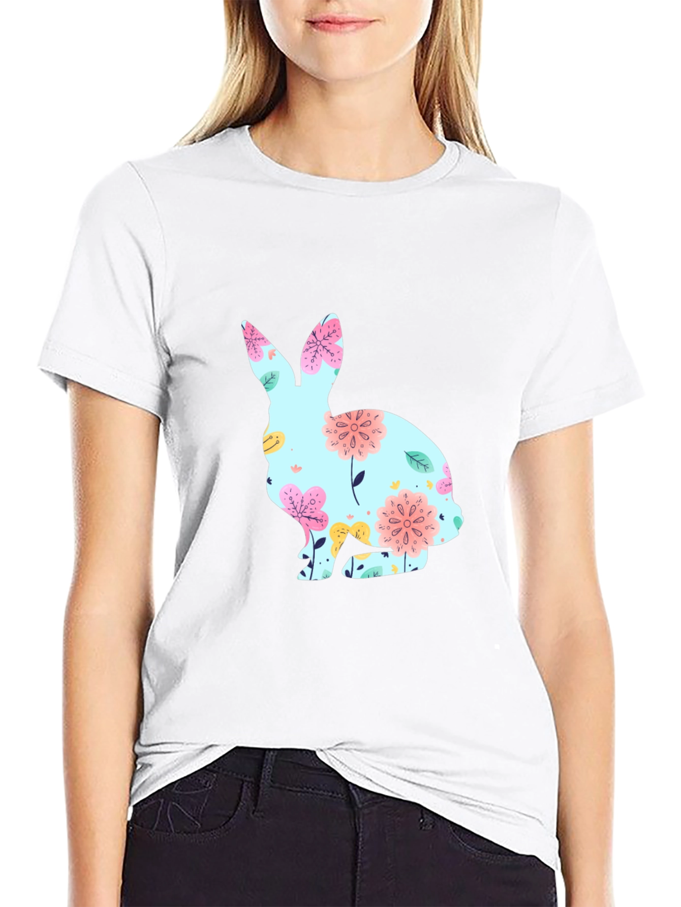 Camiseta Negra con Conejo Floral para Pascua