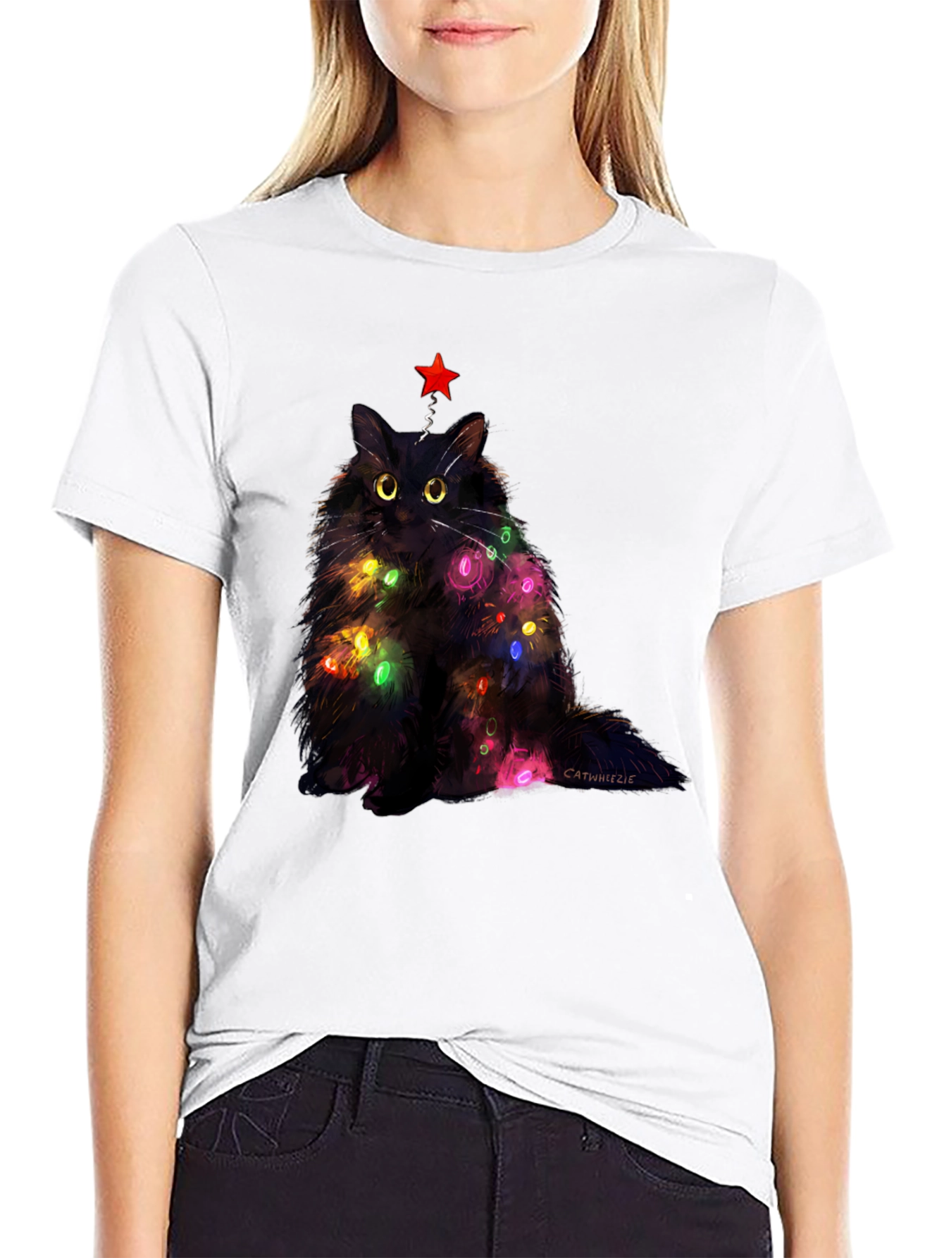 Black Festive Feline T-Shirt: Christmas Cat with Lights view 9