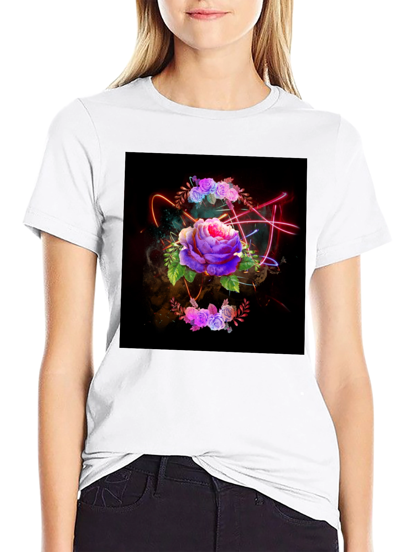 Black Floral Neon T-Shirt - Artistic Dark Design view 9