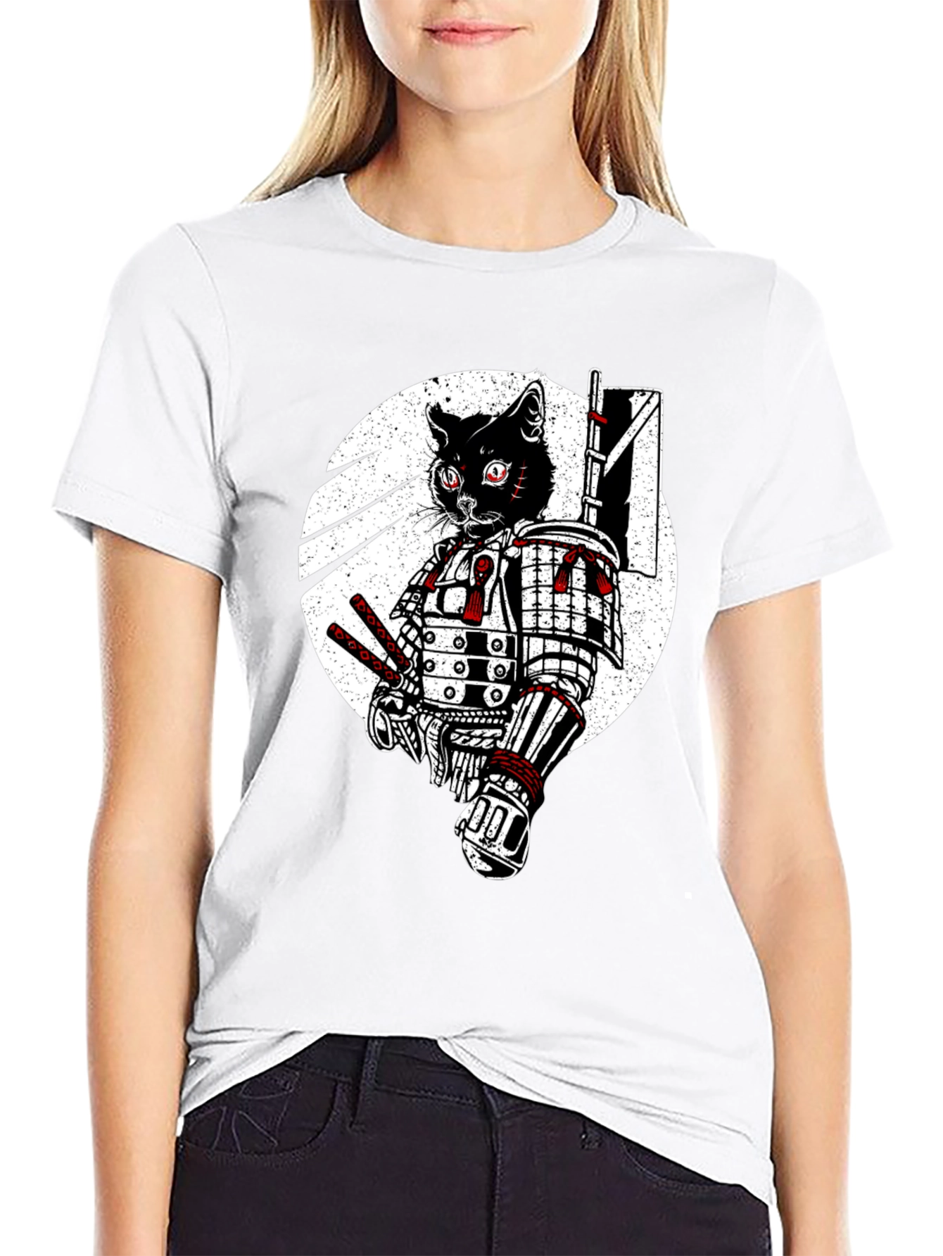 Black Samurai Cat Graphic Tee - Black Cotton T-Shirt view 9