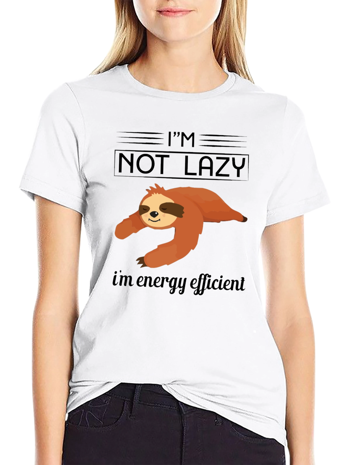 Black I'm Not Lazy Energy Efficient Sloth Graphic T-Shirt view 9