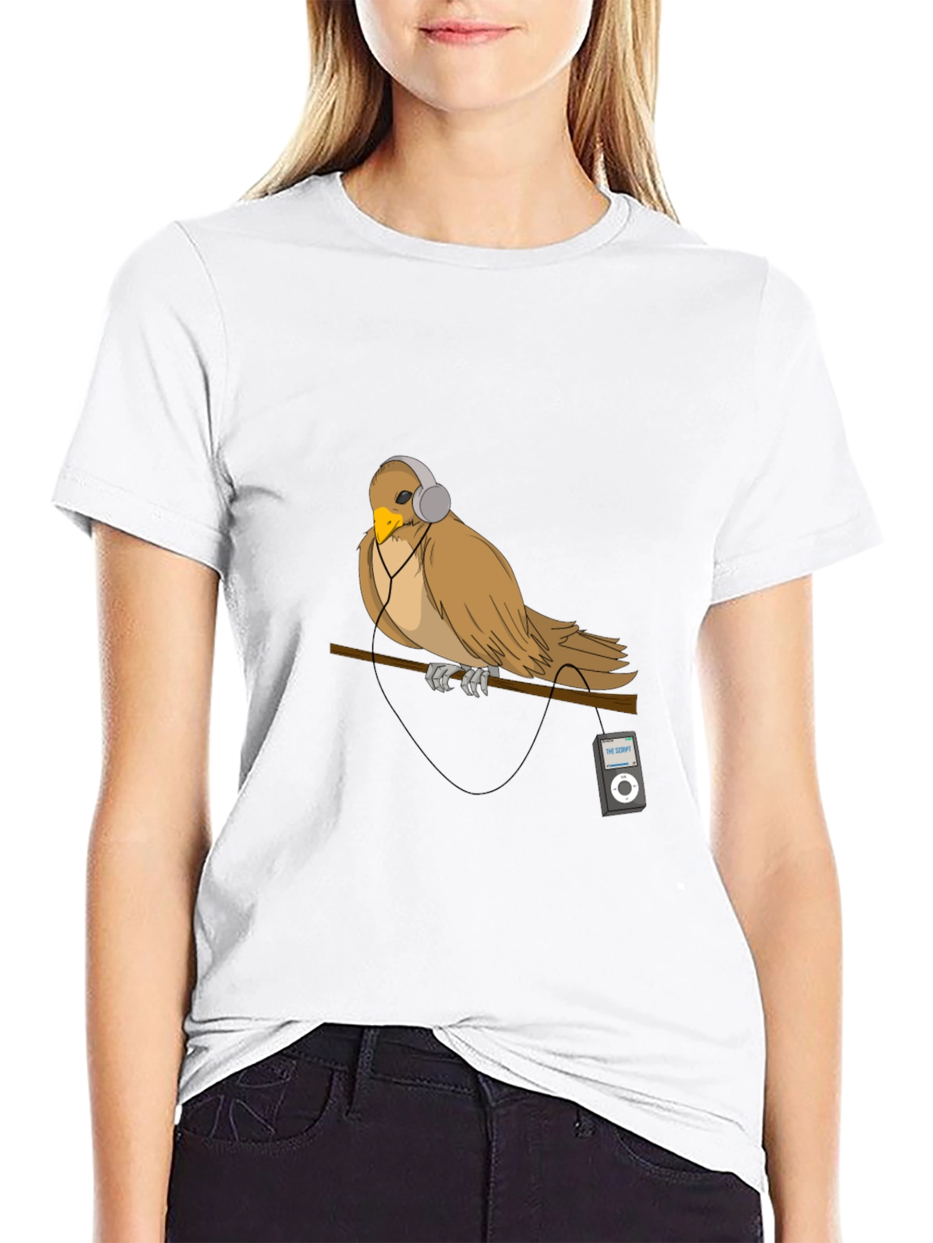 Black Bird with Headphones Graphic T-Shirt view 9