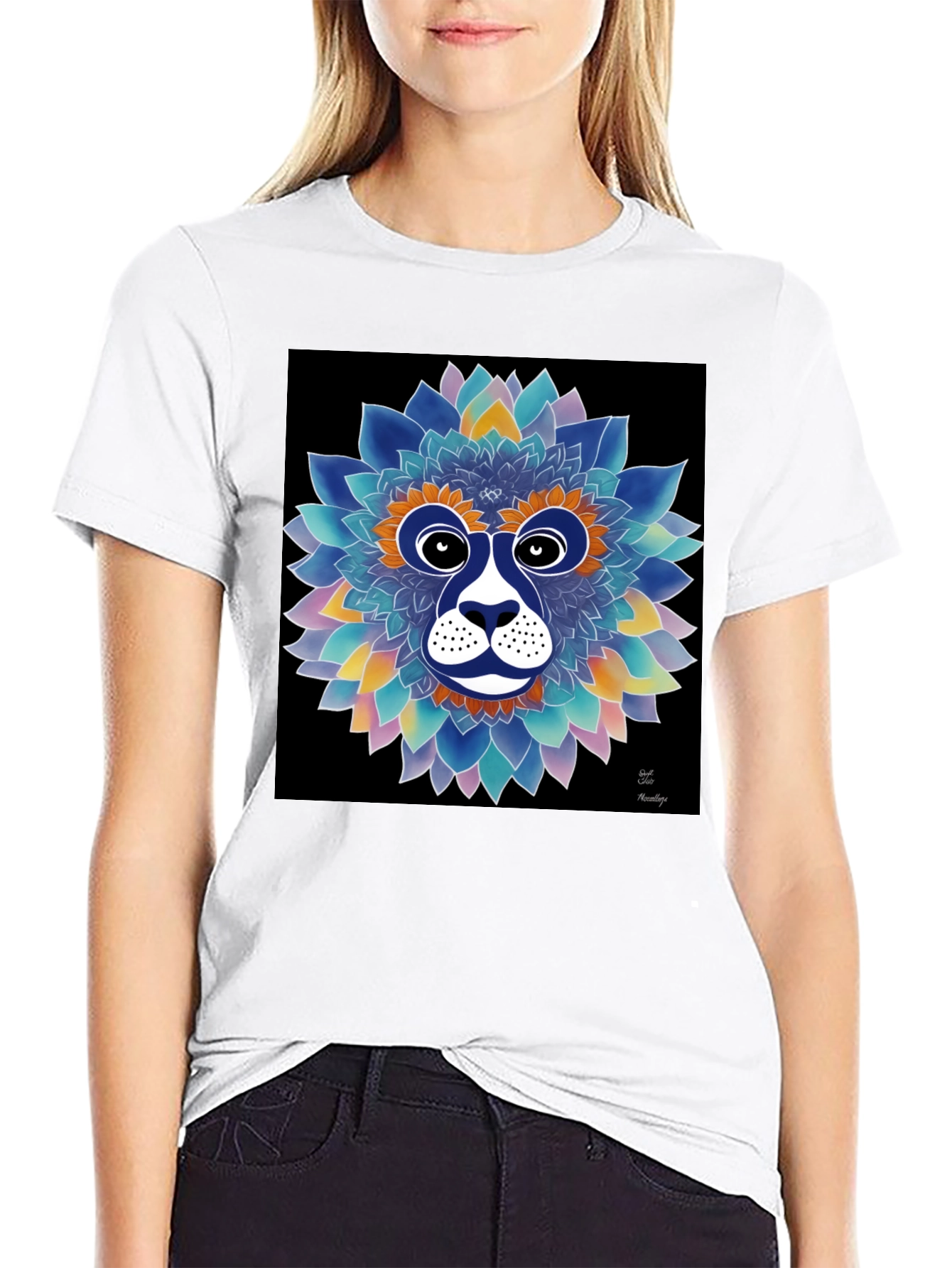 Black Floral Lion Face Graphic T-Shirt view 9