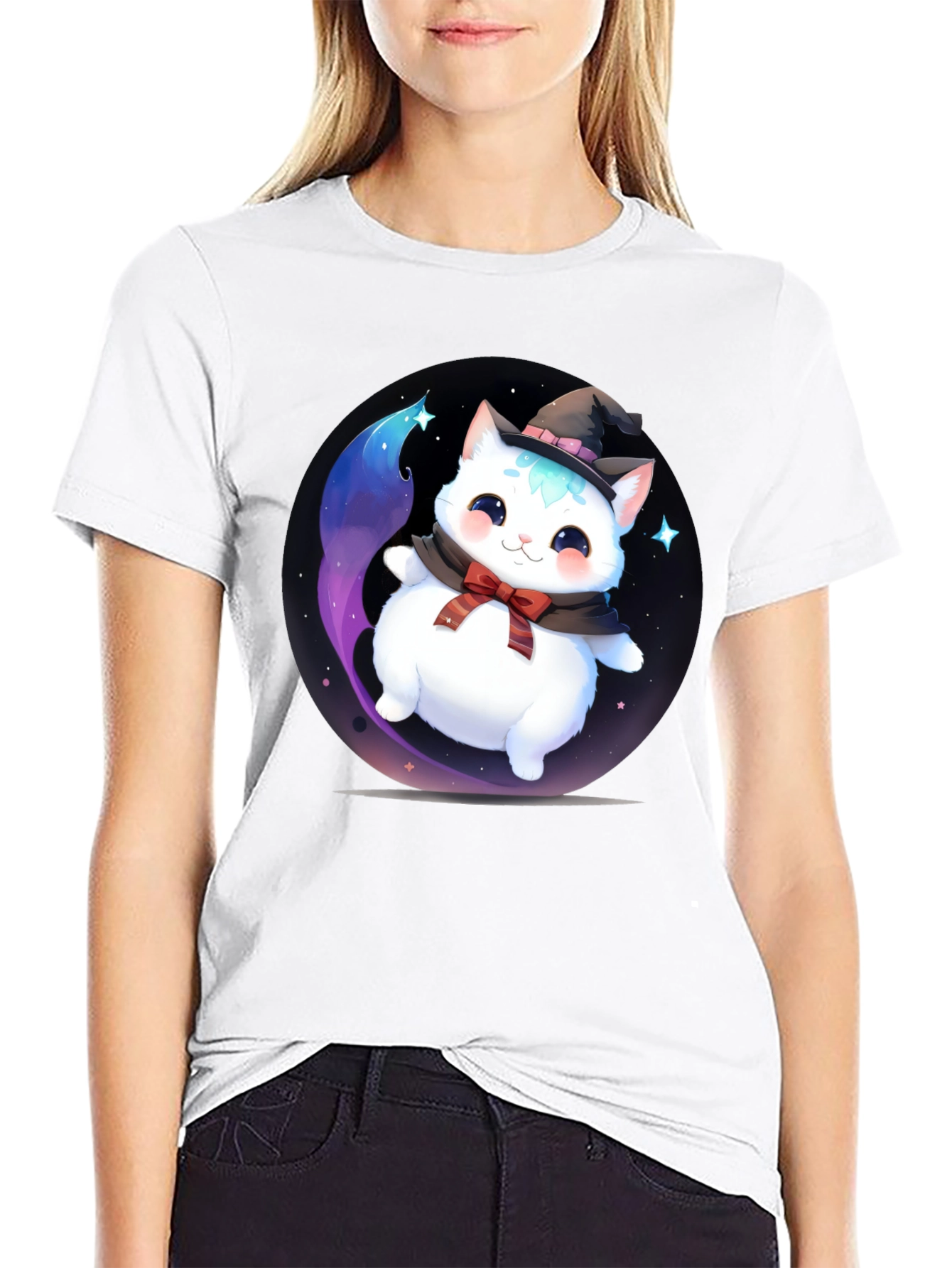 Black Cute Cat Wizard Graphic Tee - Soft Cotton Blend T-Shirt view 9