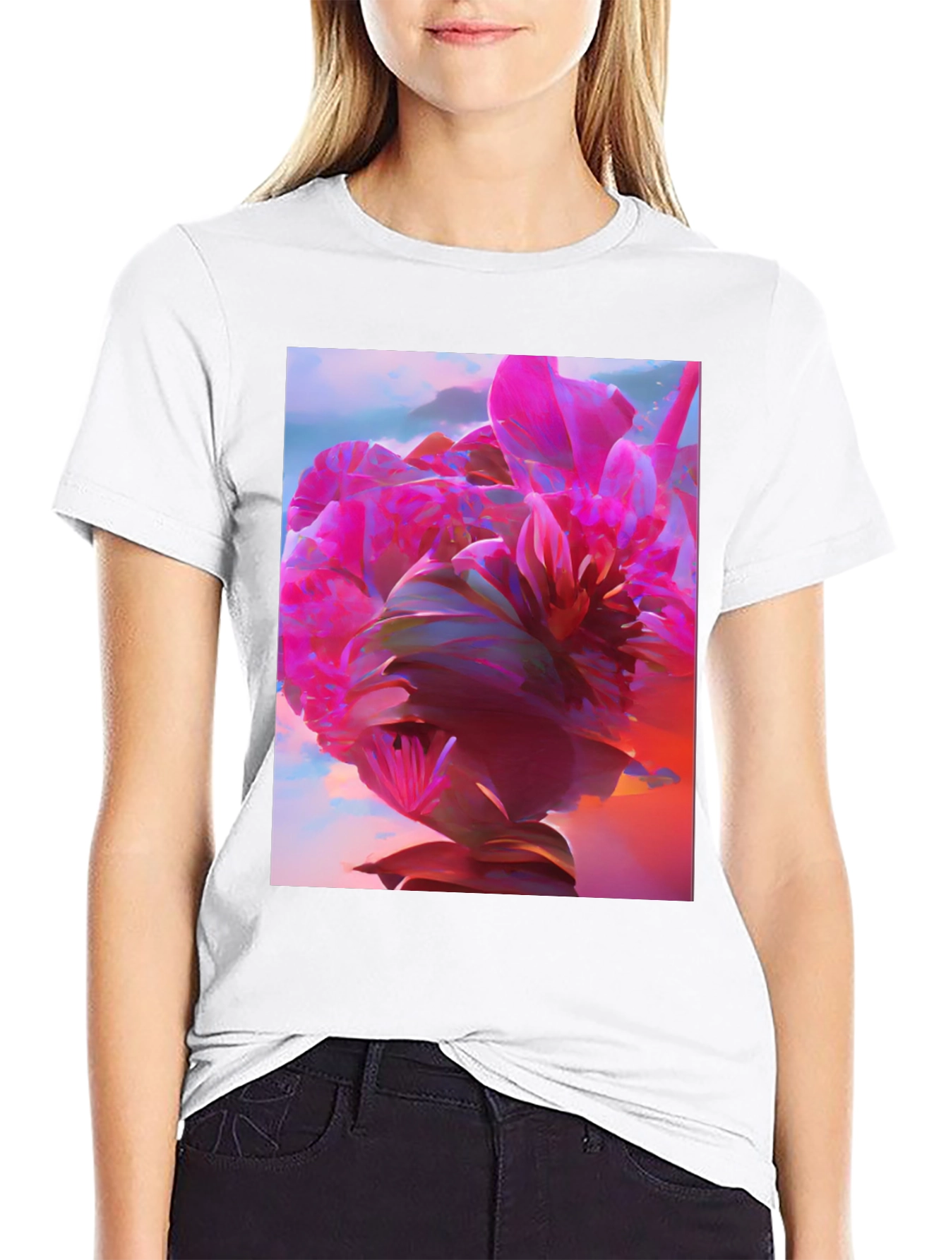 Black Floral Graphic Tee - Abstract Pink Flower Design view 9