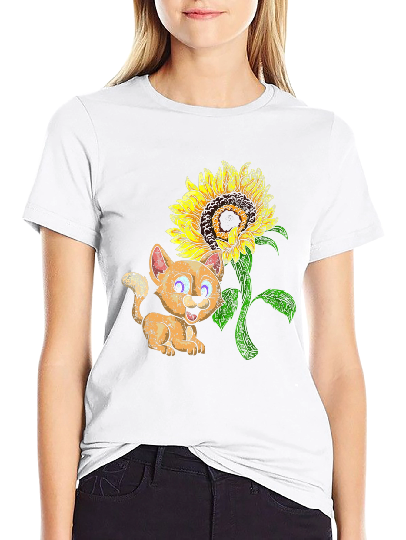 Black Cute Cartoon Cat & Sunflower Black T-Shirt view 9
