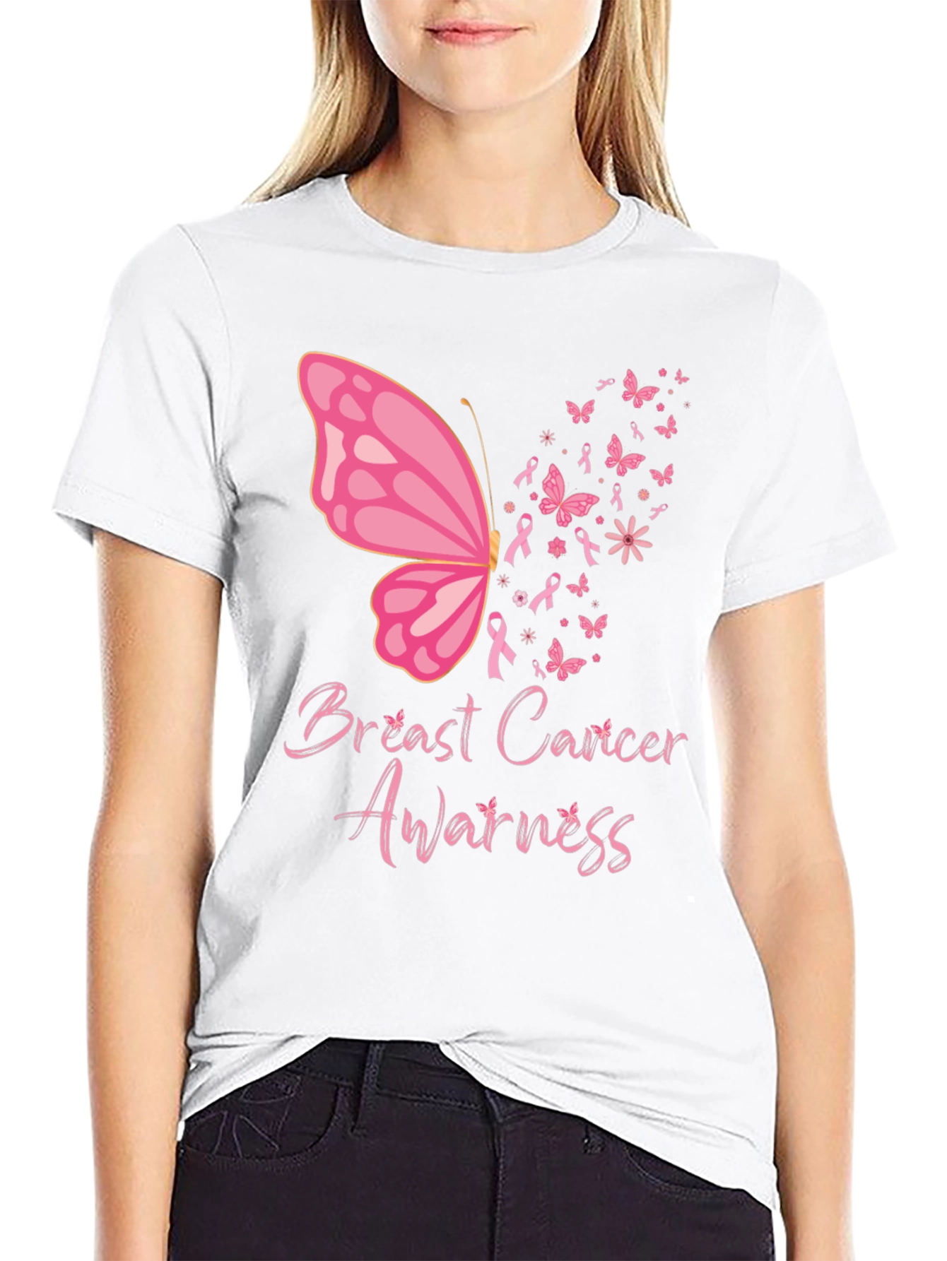 Black Breast Cancer Awareness Butterfly Tee view 9