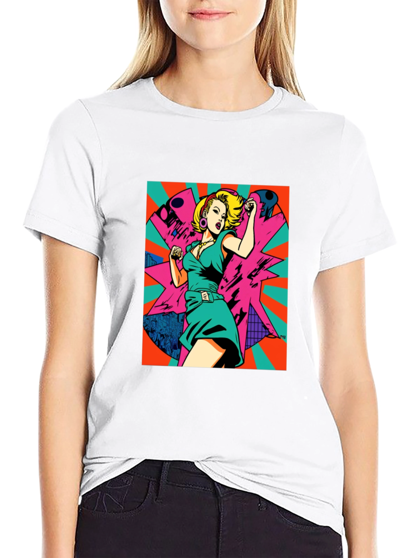 Black Retro Pop Art Woman Graphic Tee - Black view 9