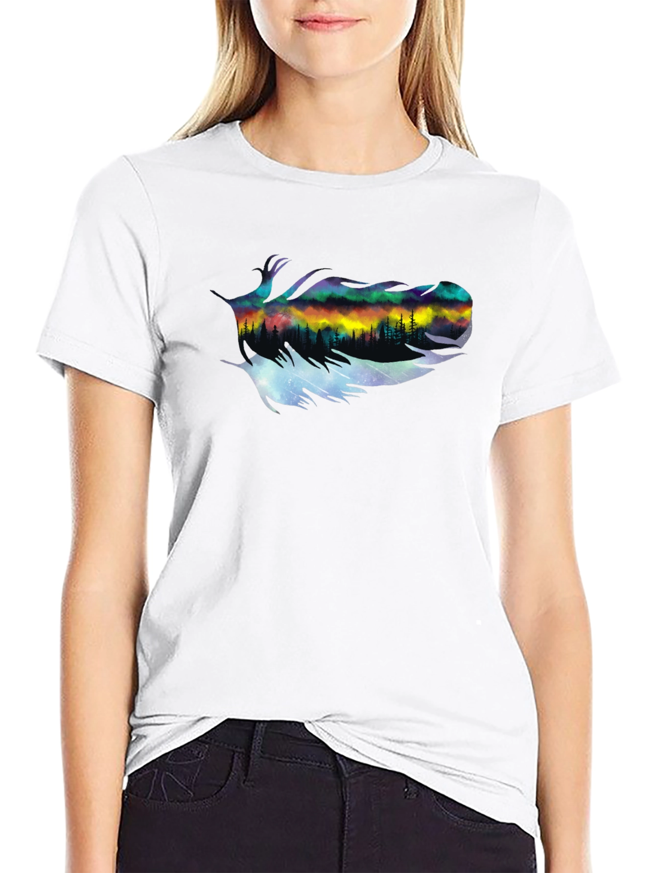 Black Northern Lights Feather Graphic T-Shirt view 9