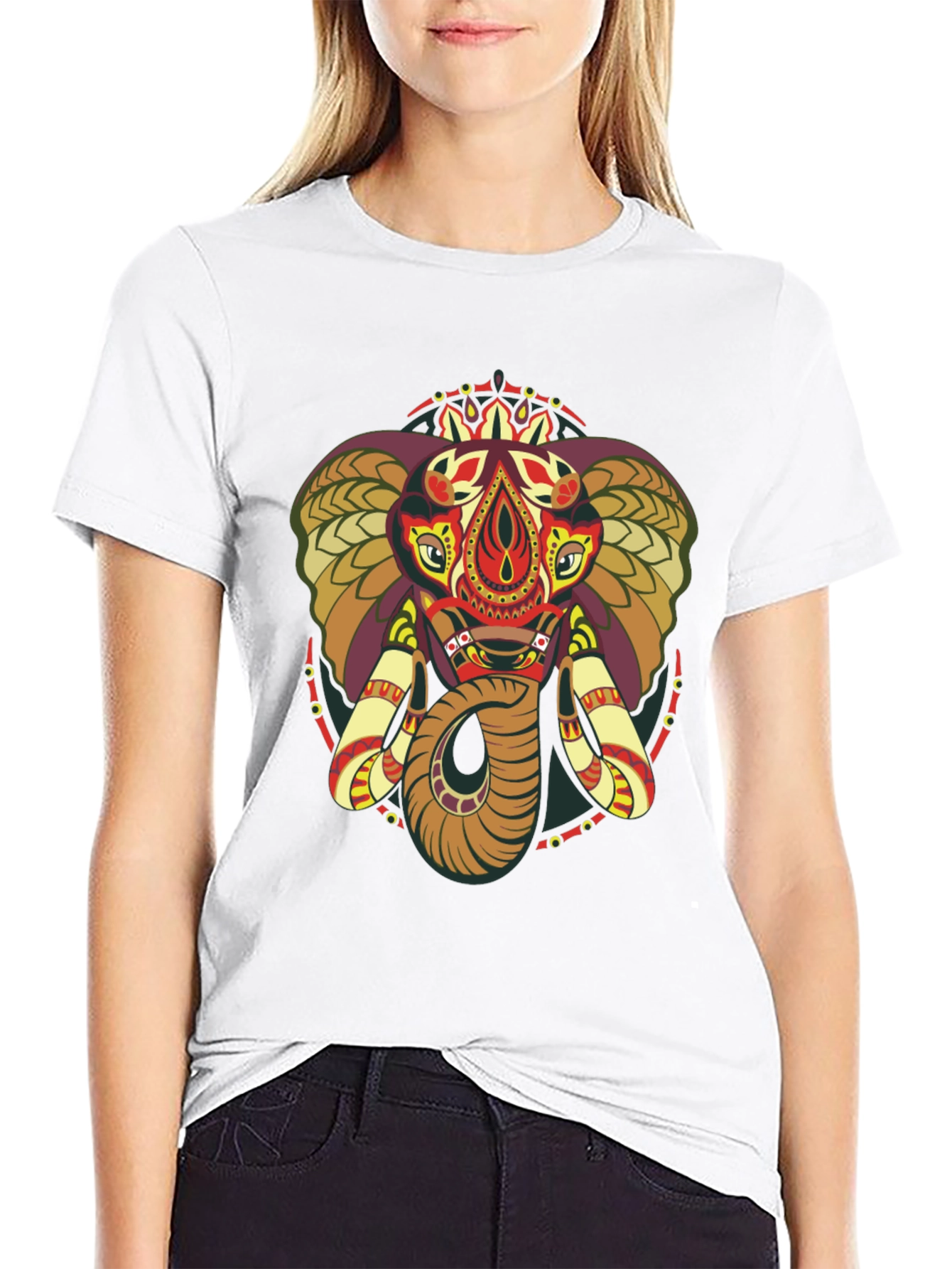 Black Elephant Mandala Graphic Print Crew Neck Tee view 9