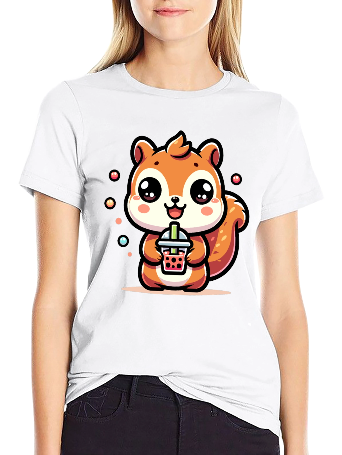 Black Cute Squirrel Boba Tea Graphic T-Shirt view 9
