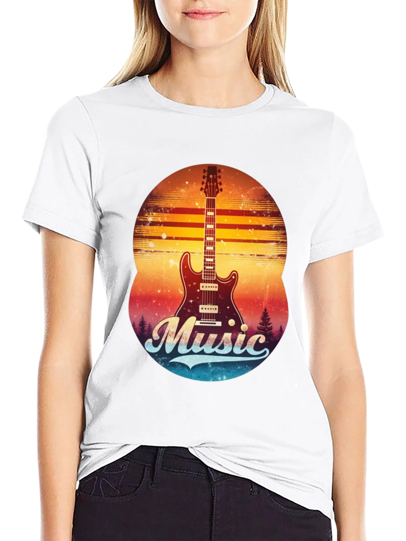 Black Retro Guitar Music T-Shirt view 9