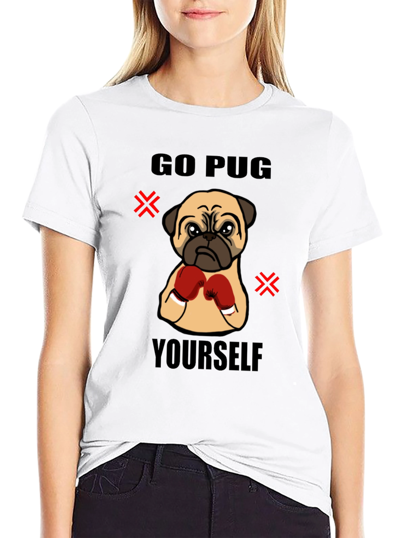 Black Go Pug Yourself Funny Boxing Pug Graphic T-Shirt view 9