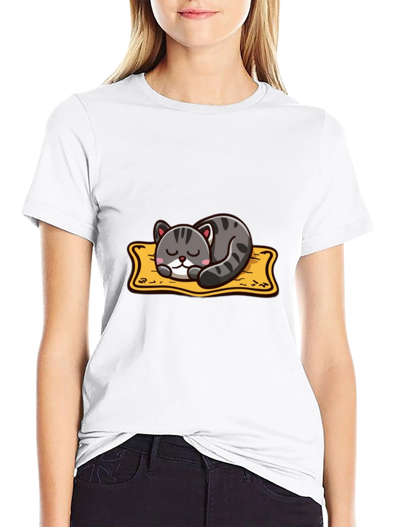 Black Cute Cartoon Cat Nap T-Shirt - Black view 9
