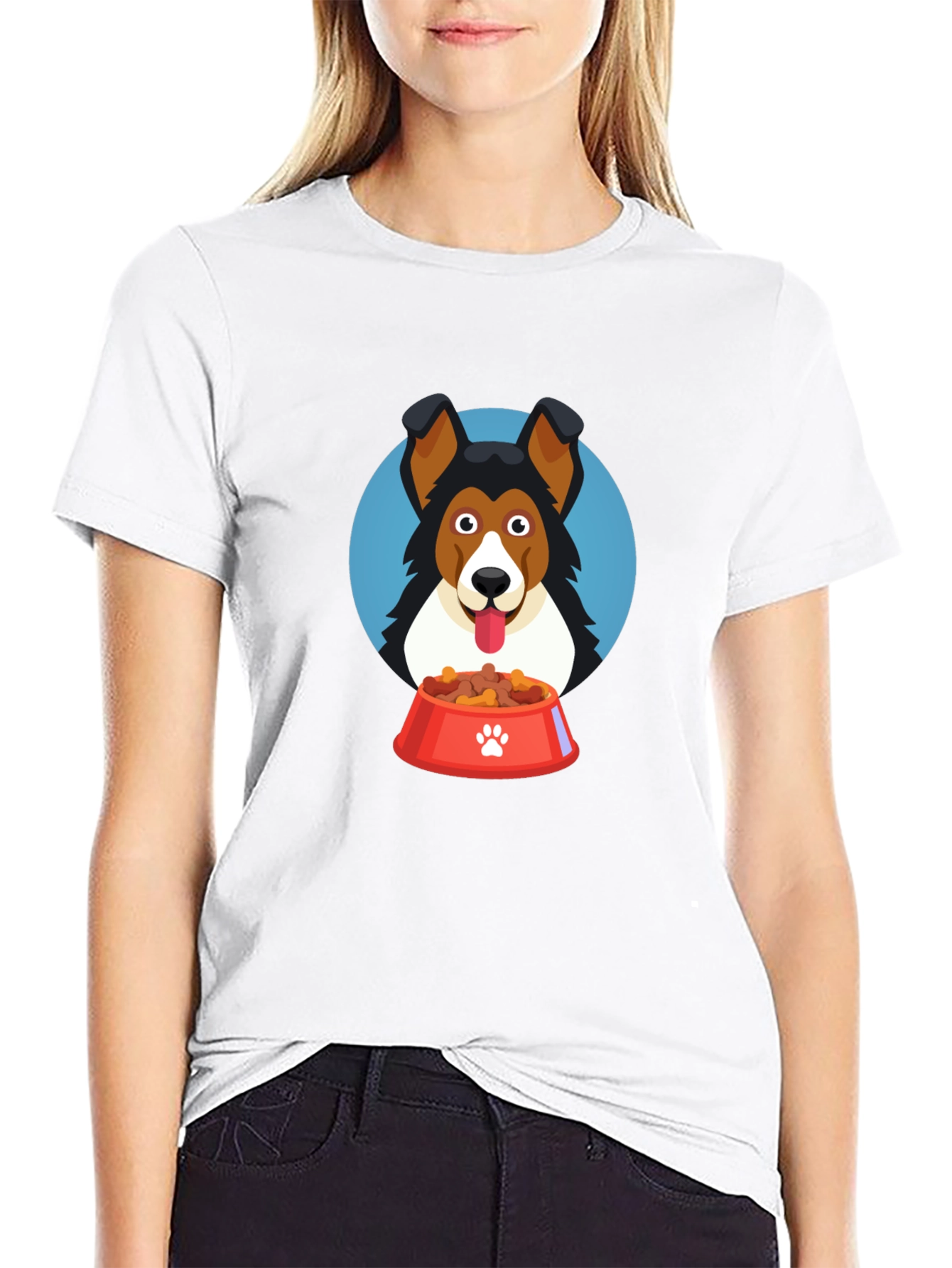 Black Dog Lover T-Shirt - Cartoon Dog with Food Bowl Design view 9