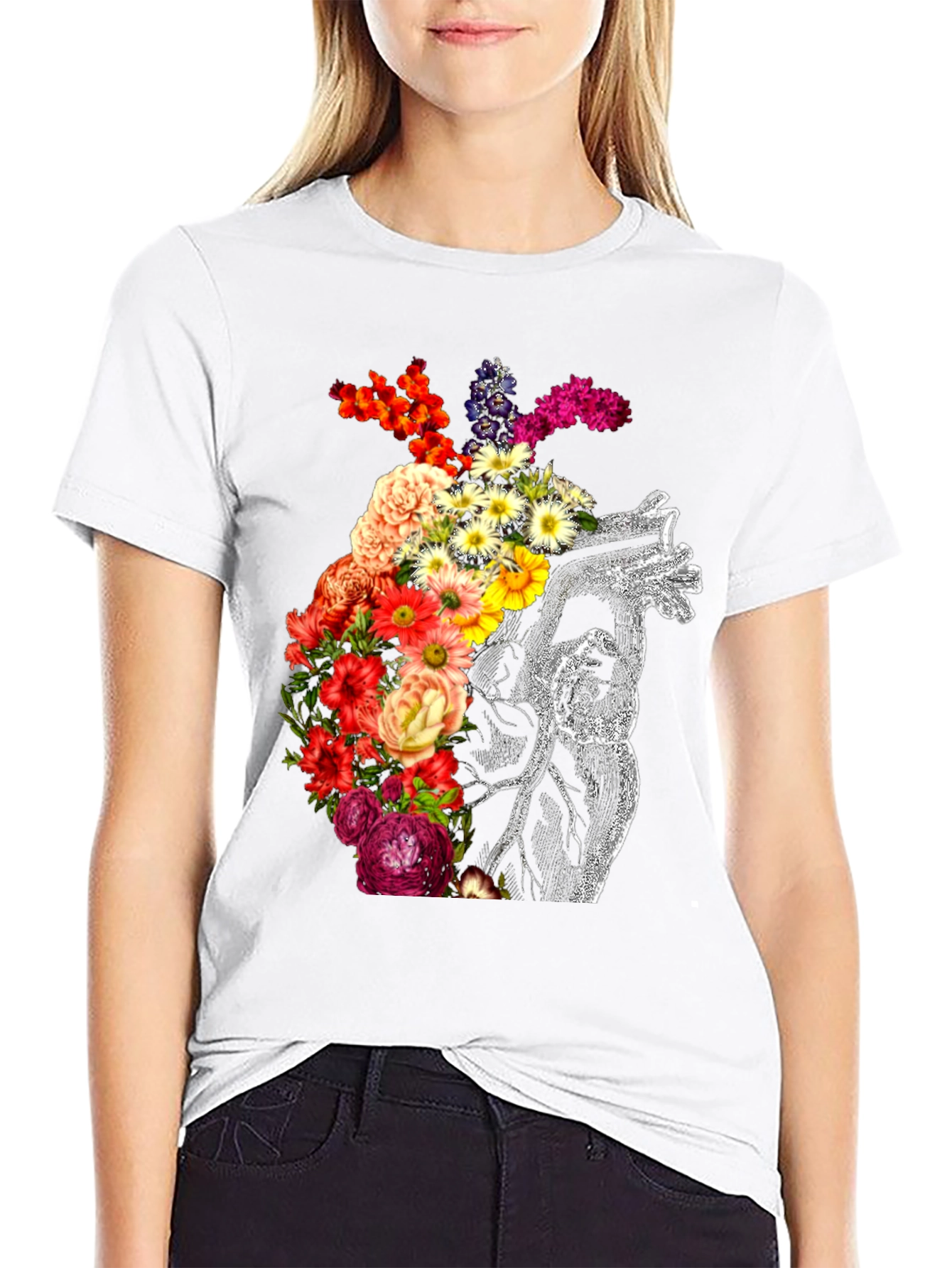 Black Floral Heart Graphic Black T-Shirt view 9