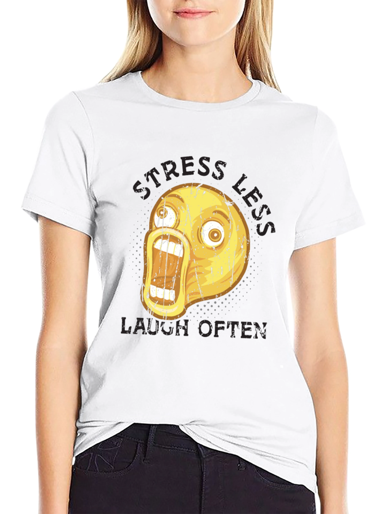 Black Stress Less Laugh Often Graphic Tee view 9