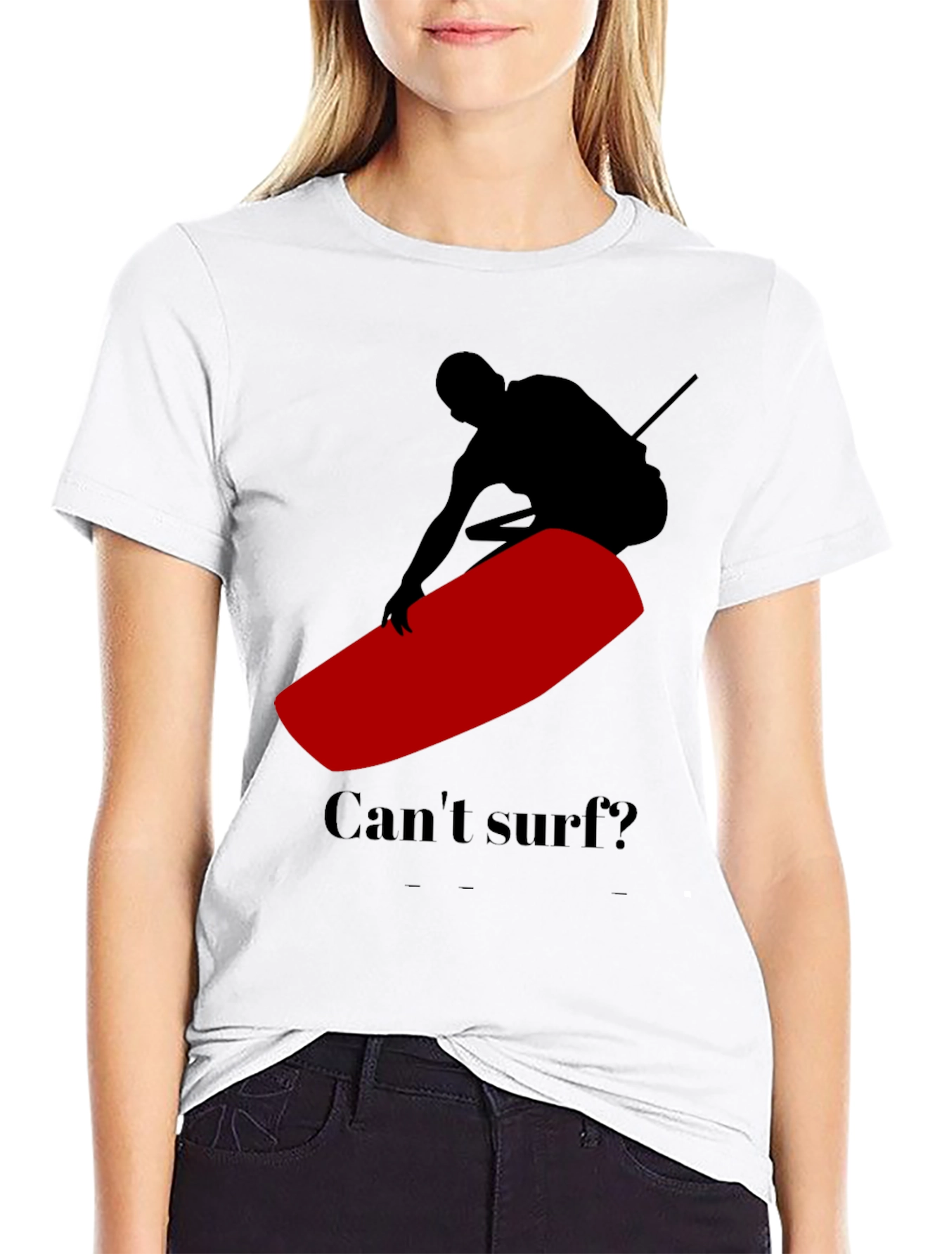 Black Can't Surf Black T-Shirt with Red Surfboard Graphic view 9