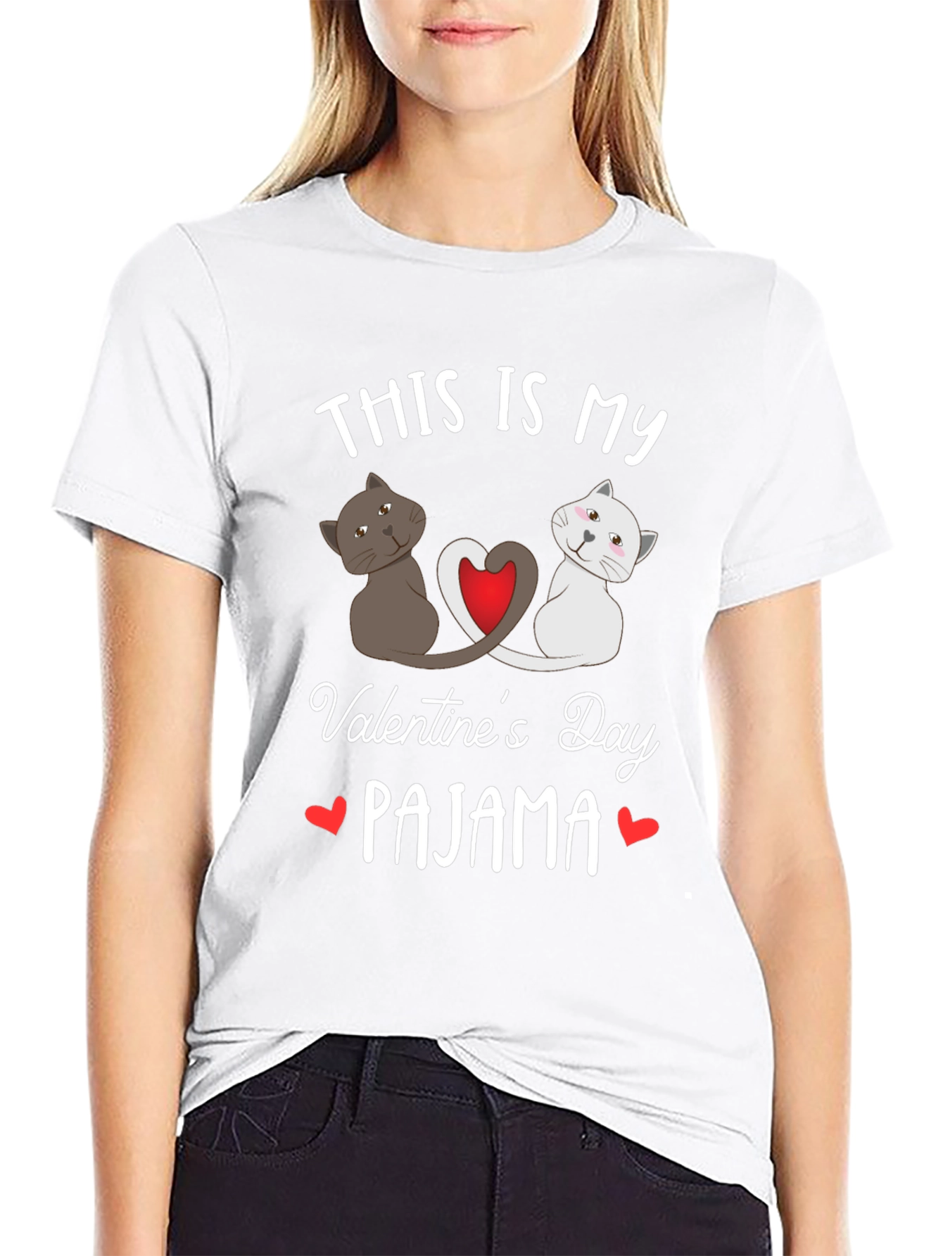 Black Valentine's Day Cat Pajama T-Shirt view 9