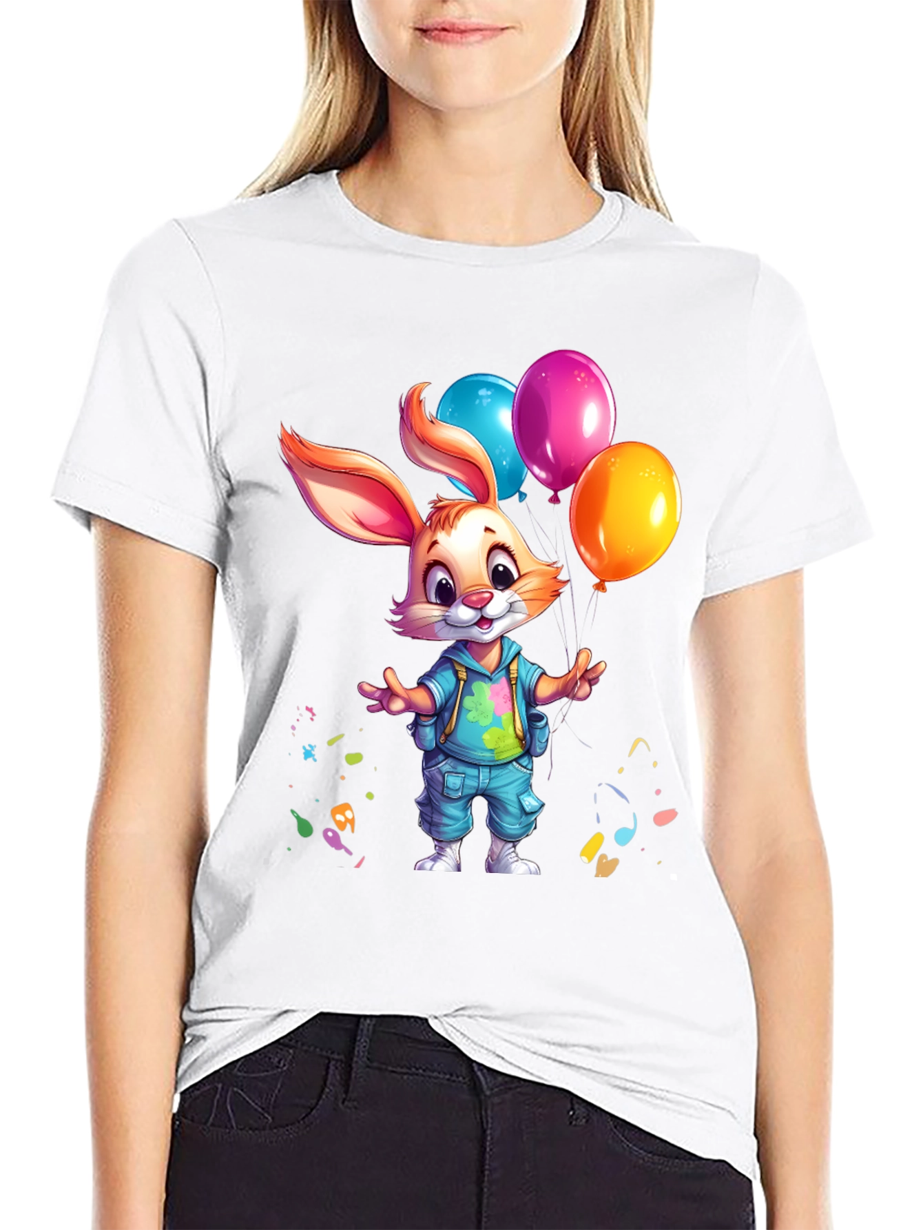 Black Cute Bunny with Balloons Graphic Tee view 9