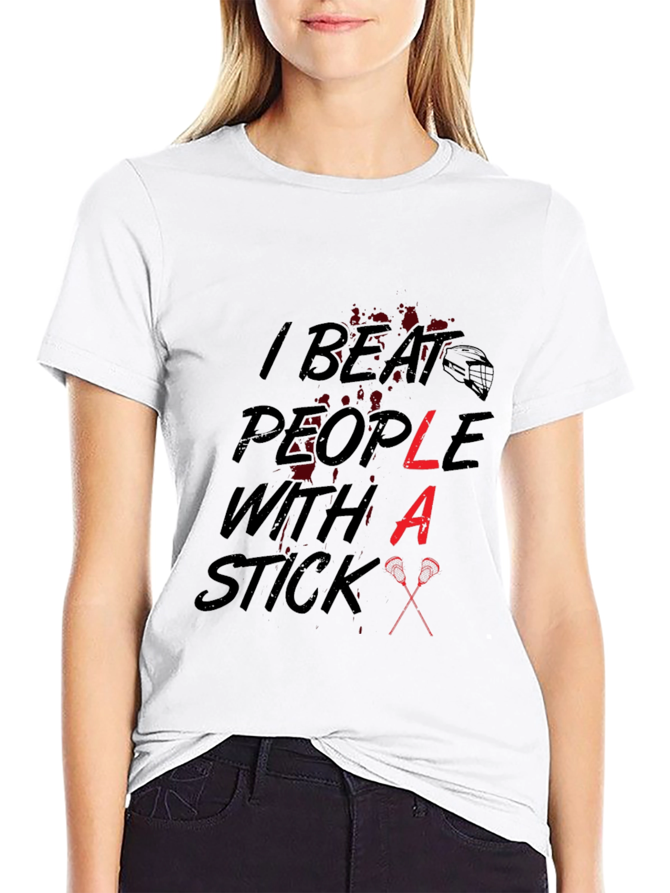 Black I Beat People With a Stick Lacrosse T-Shirt view 9