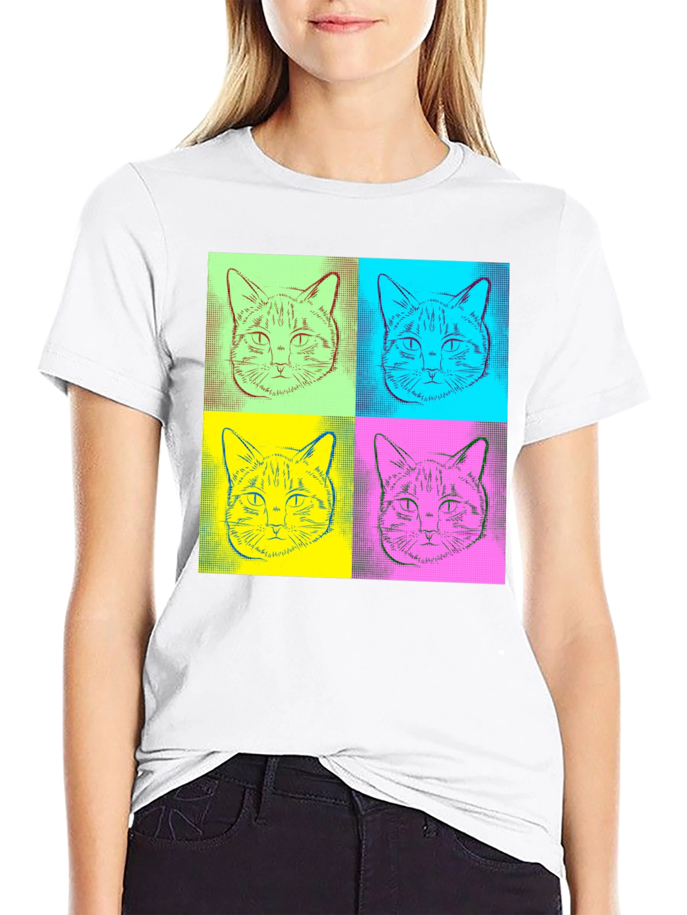 Black Pop Art Cat Graphic Tee - Quirky Black T-Shirt view 9