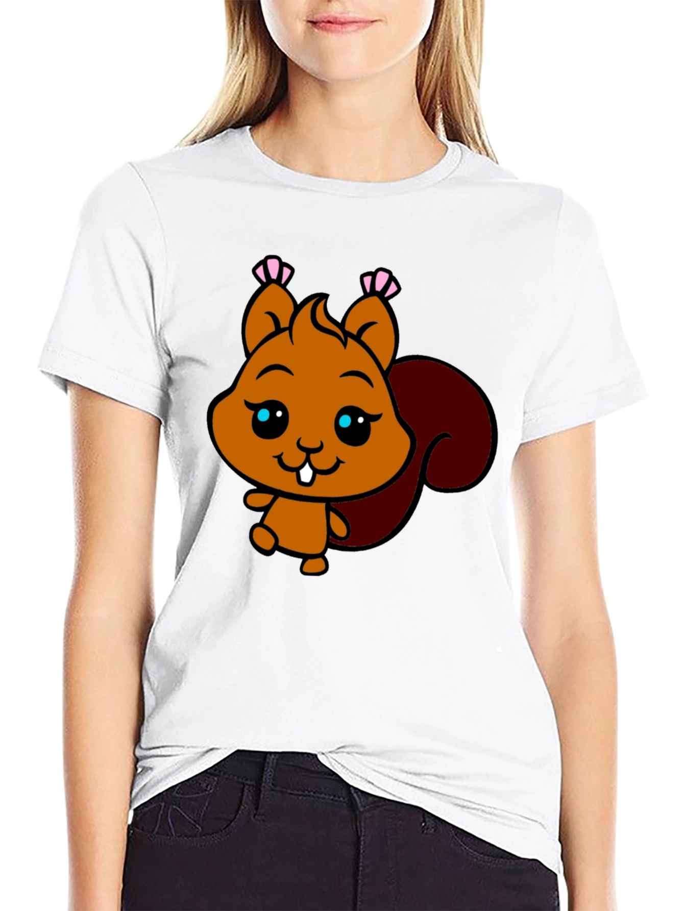 Black Cute Squirrel Graphic Tee - Black Cotton T-Shirt view 9