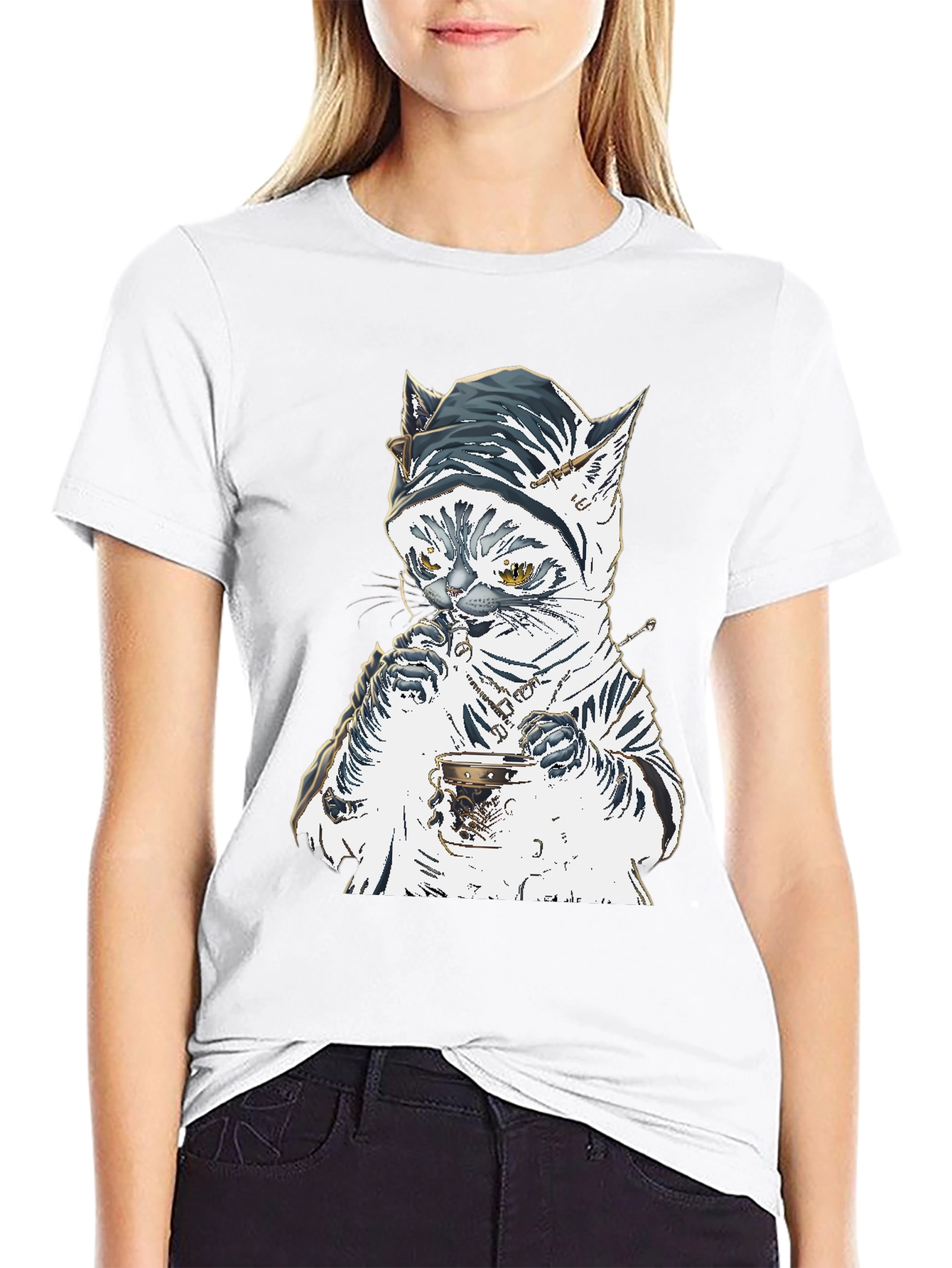 Black Cat T-Shirt: Sophisticated Feline Tea Time view 9