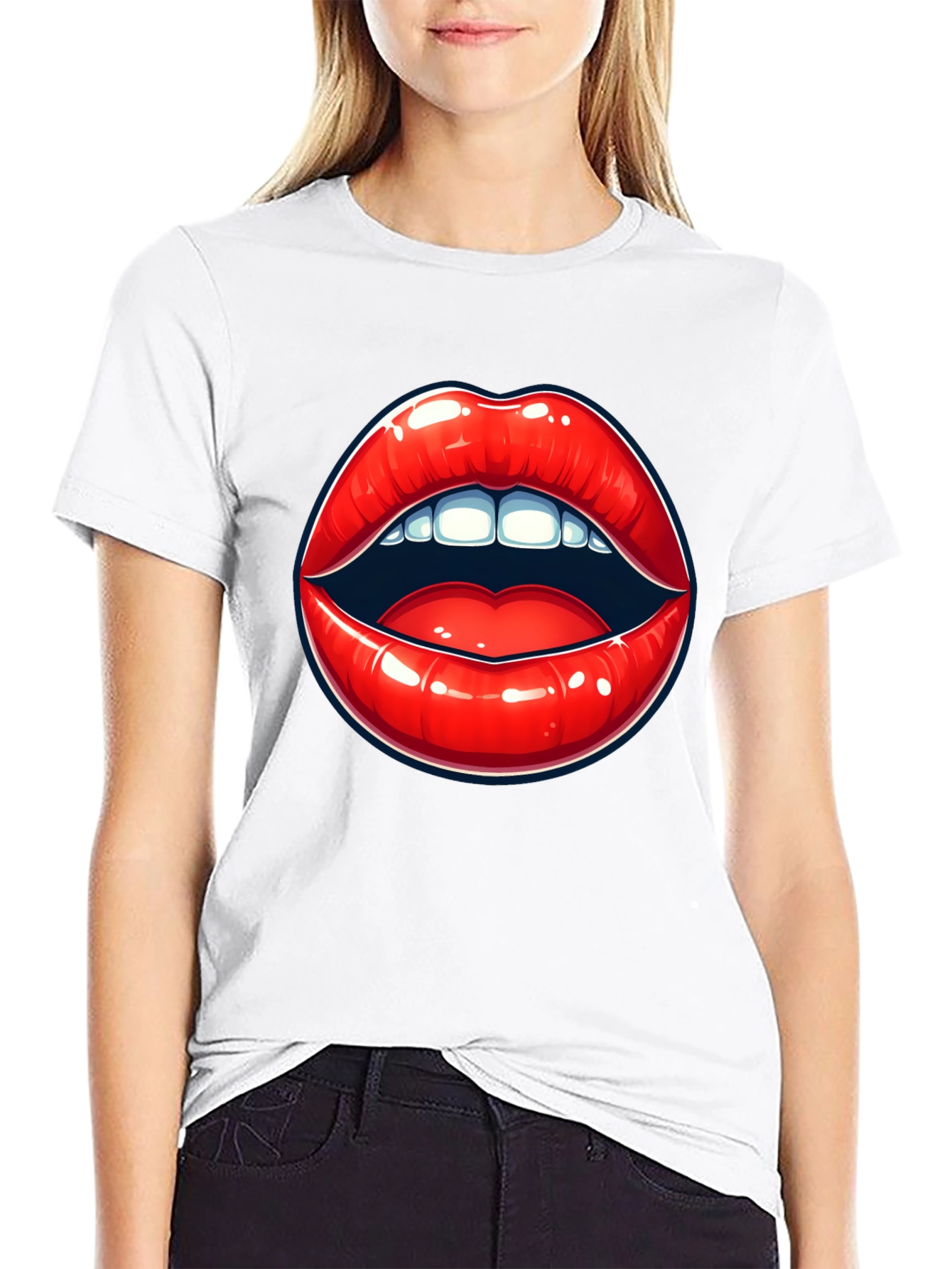 Black Bold Lips Graphic Tee - Black Cotton T-Shirt view 9