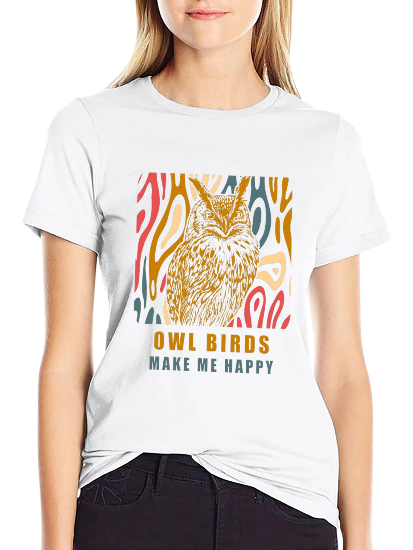 Black Owl Birds Make Me Happy Graphic T-Shirt view 9